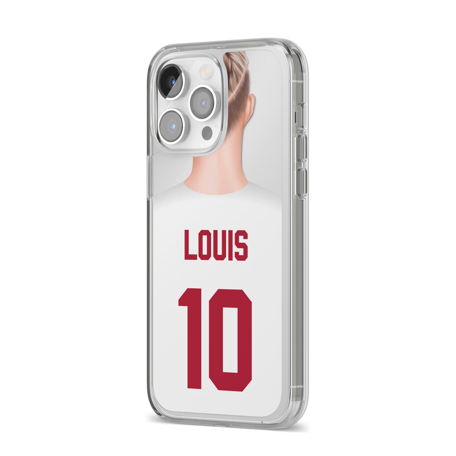 Personalised Football Shirt iPhone 14 Pro Max Clear Tough Case Silver Angled Image