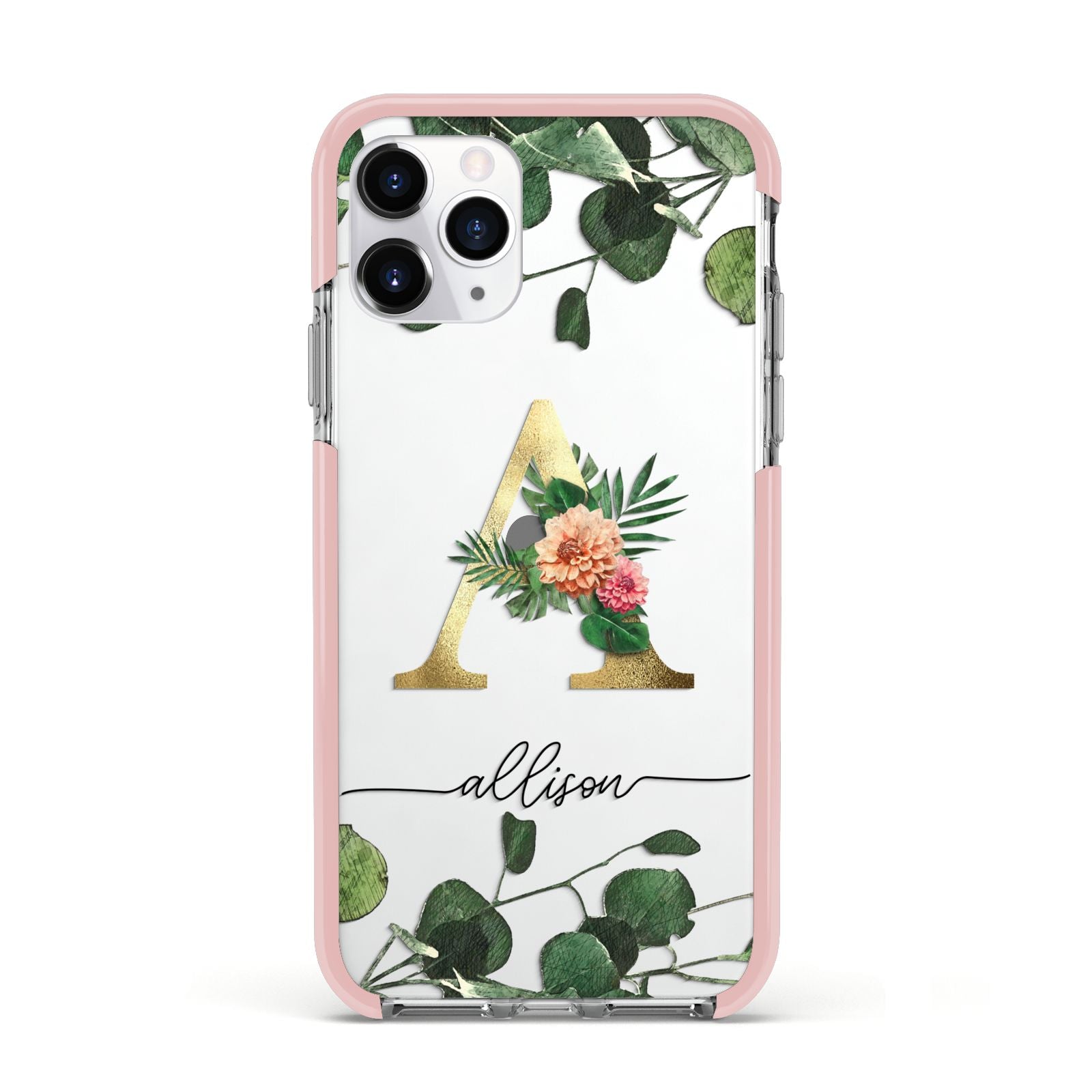 Personalised Forest Monogram Apple iPhone 11 Pro in Silver with Pink Impact Case