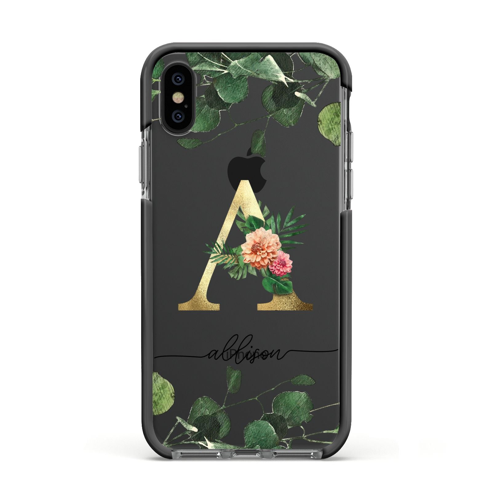 Personalised Forest Monogram Apple iPhone Xs Impact Case Black Edge on Black Phone