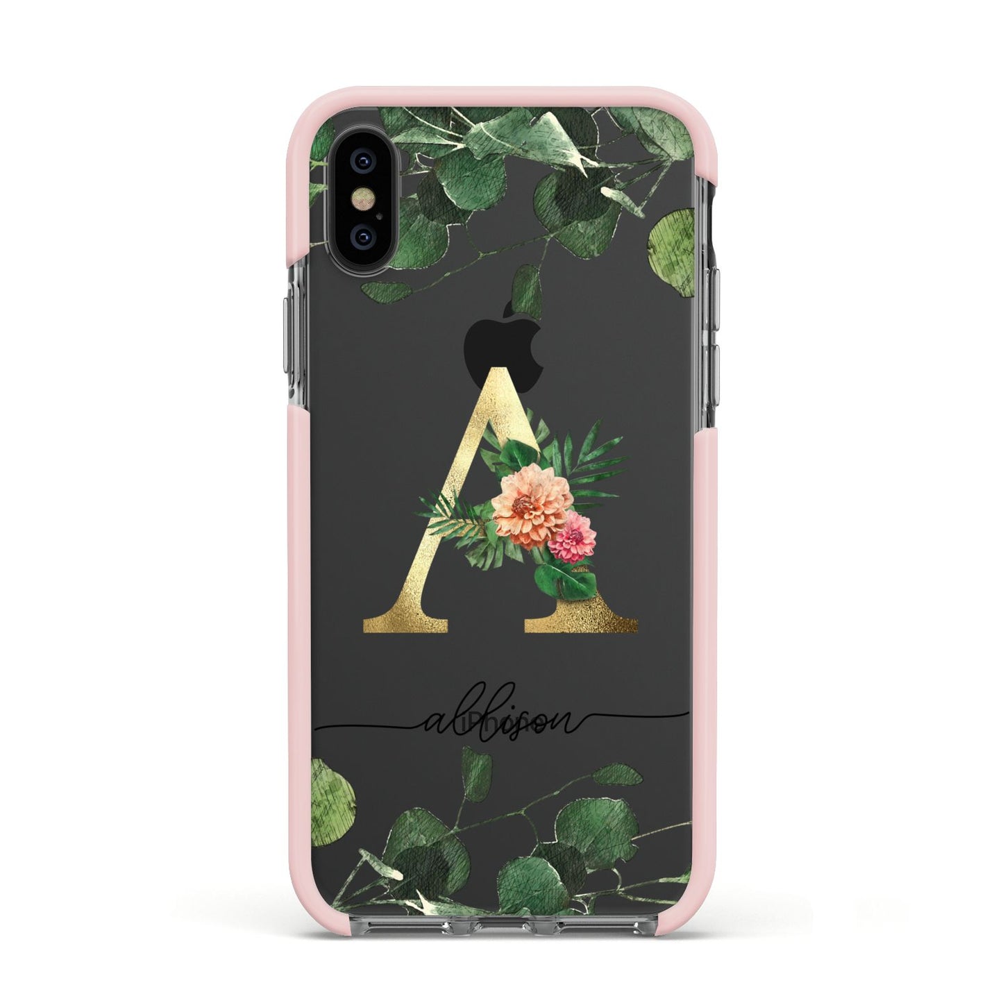 Personalised Forest Monogram Apple iPhone Xs Impact Case Pink Edge on Black Phone