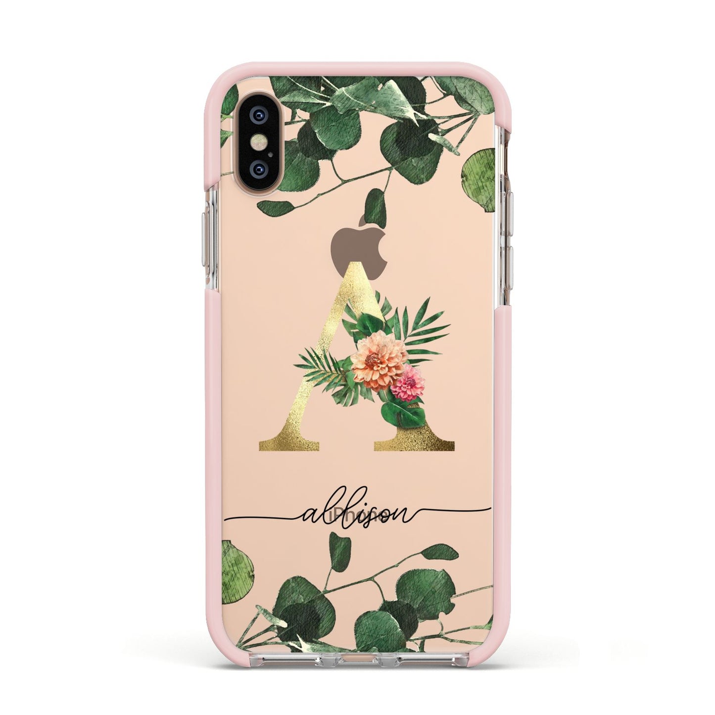 Personalised Forest Monogram Apple iPhone Xs Impact Case Pink Edge on Gold Phone