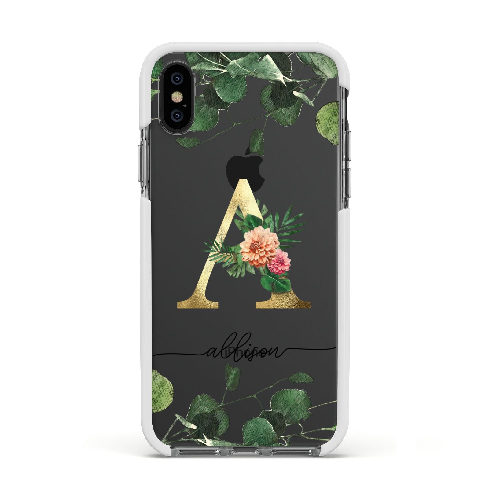 Personalised Forest Monogram Apple iPhone Xs Impact Case White Edge on Black Phone