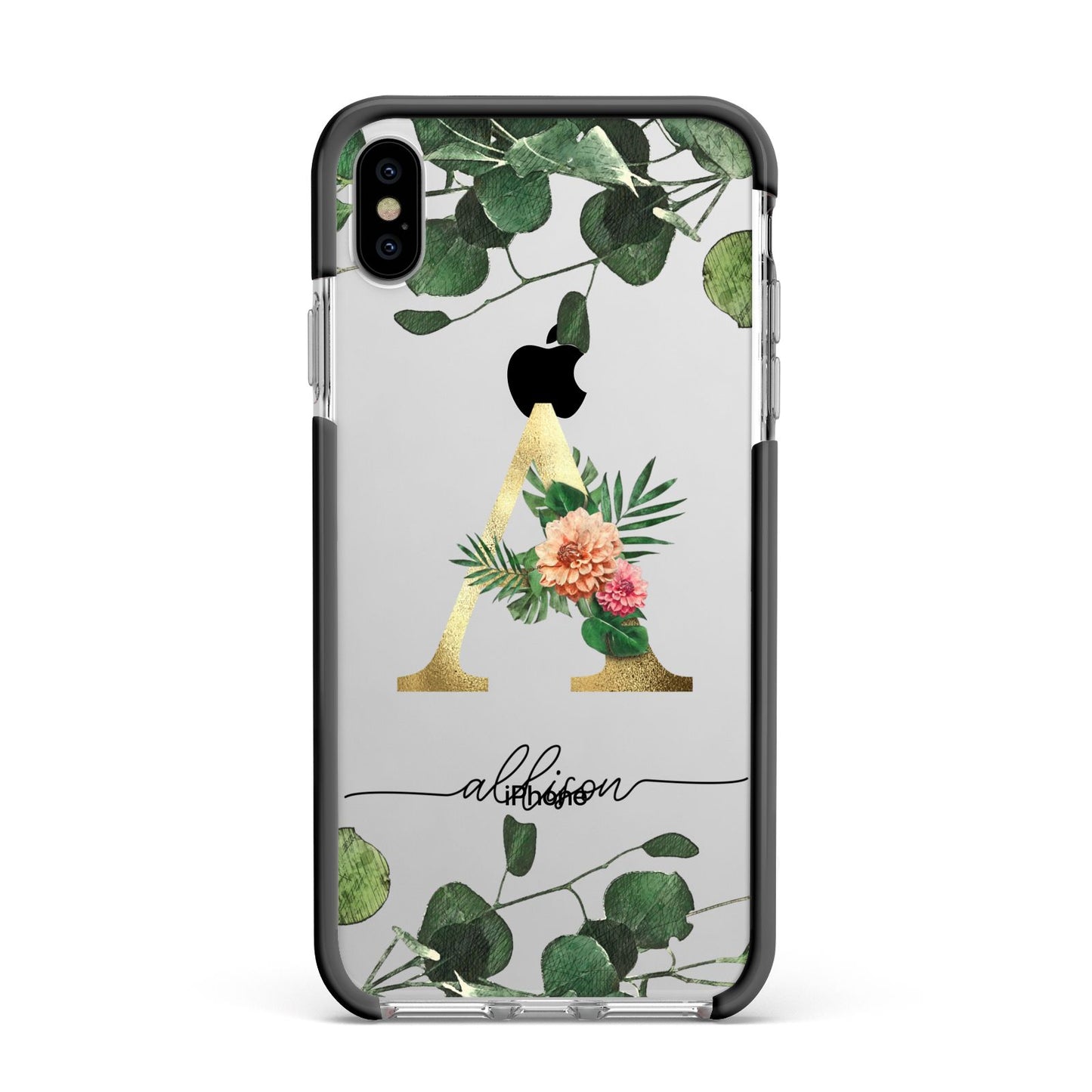 Personalised Forest Monogram Apple iPhone Xs Max Impact Case Black Edge on Silver Phone