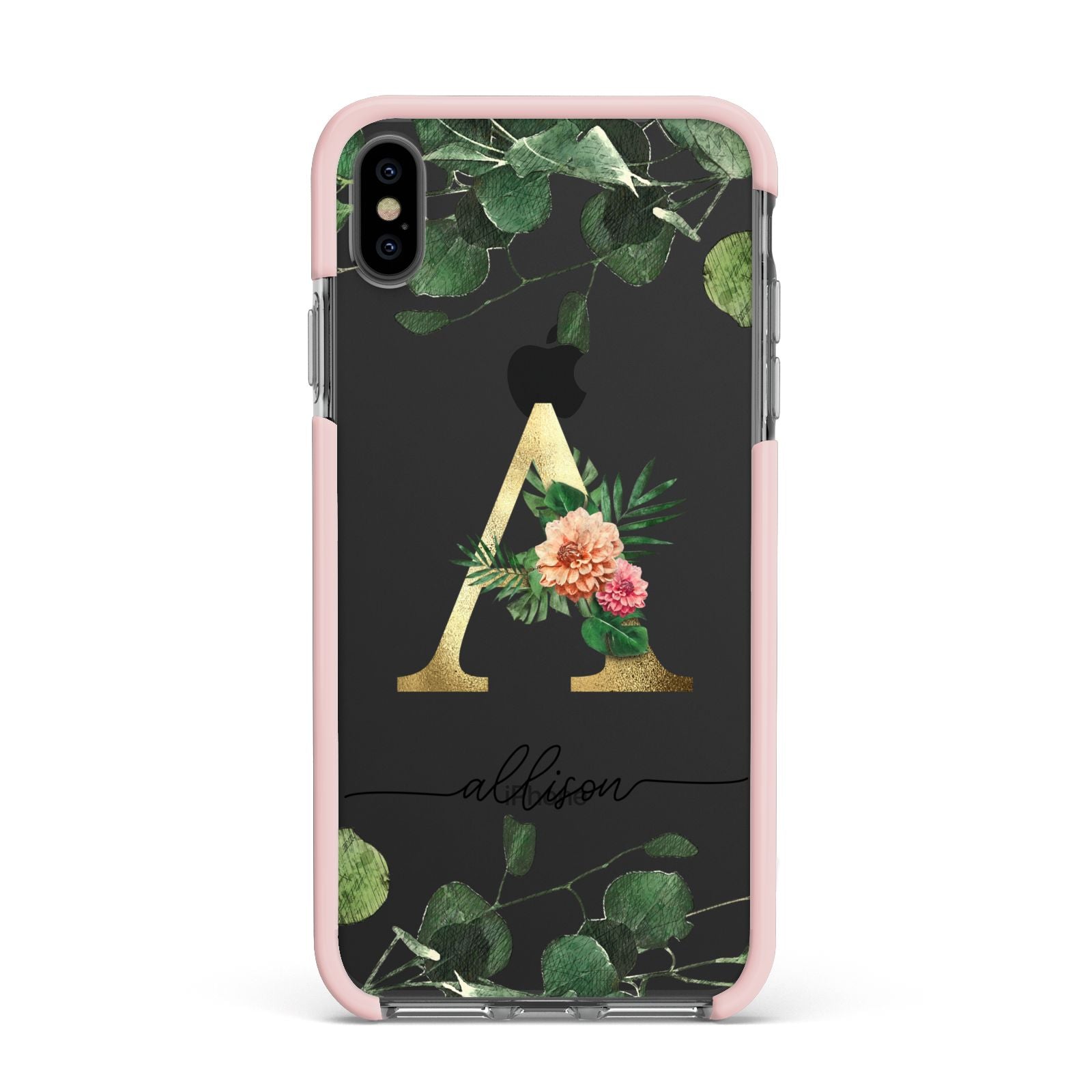 Personalised Forest Monogram Apple iPhone Xs Max Impact Case Pink Edge on Black Phone