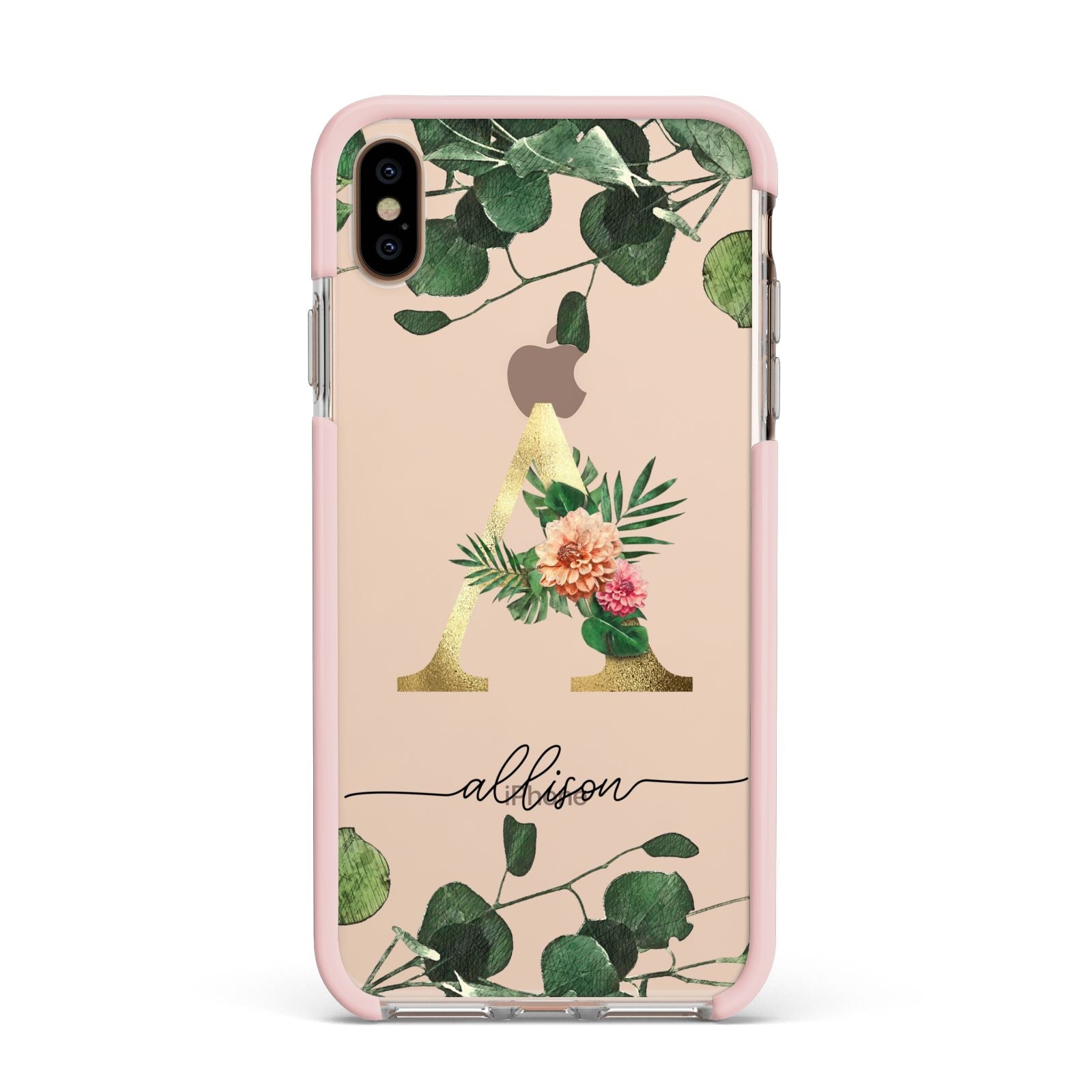 Personalised Forest Monogram Apple iPhone Xs Max Impact Case Pink Edge on Gold Phone