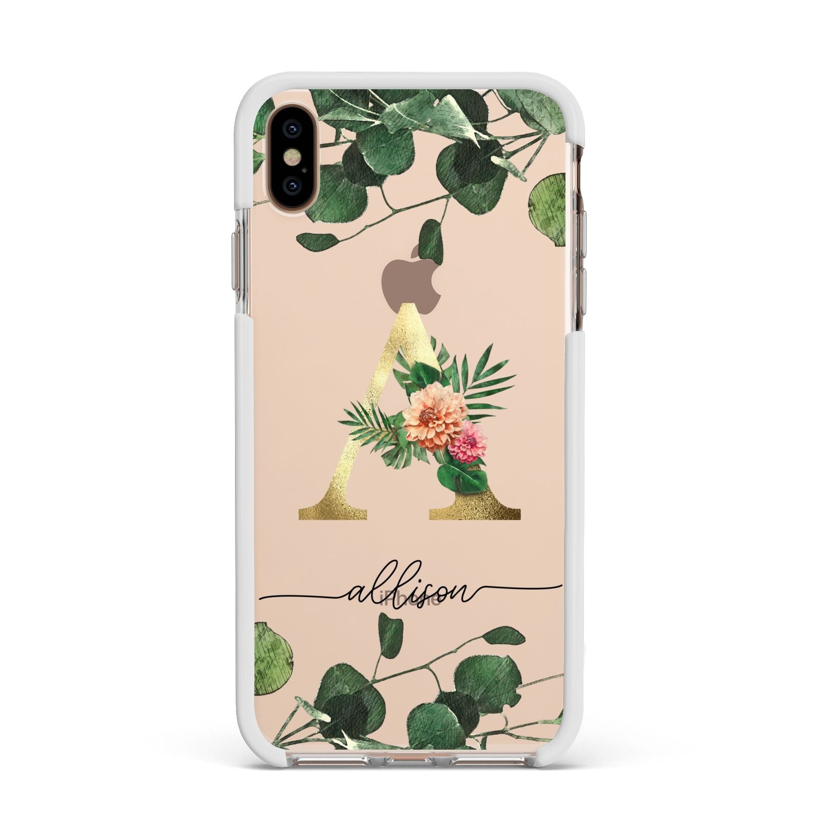 Personalised Forest Monogram Apple iPhone Xs Max Impact Case White Edge on Gold Phone