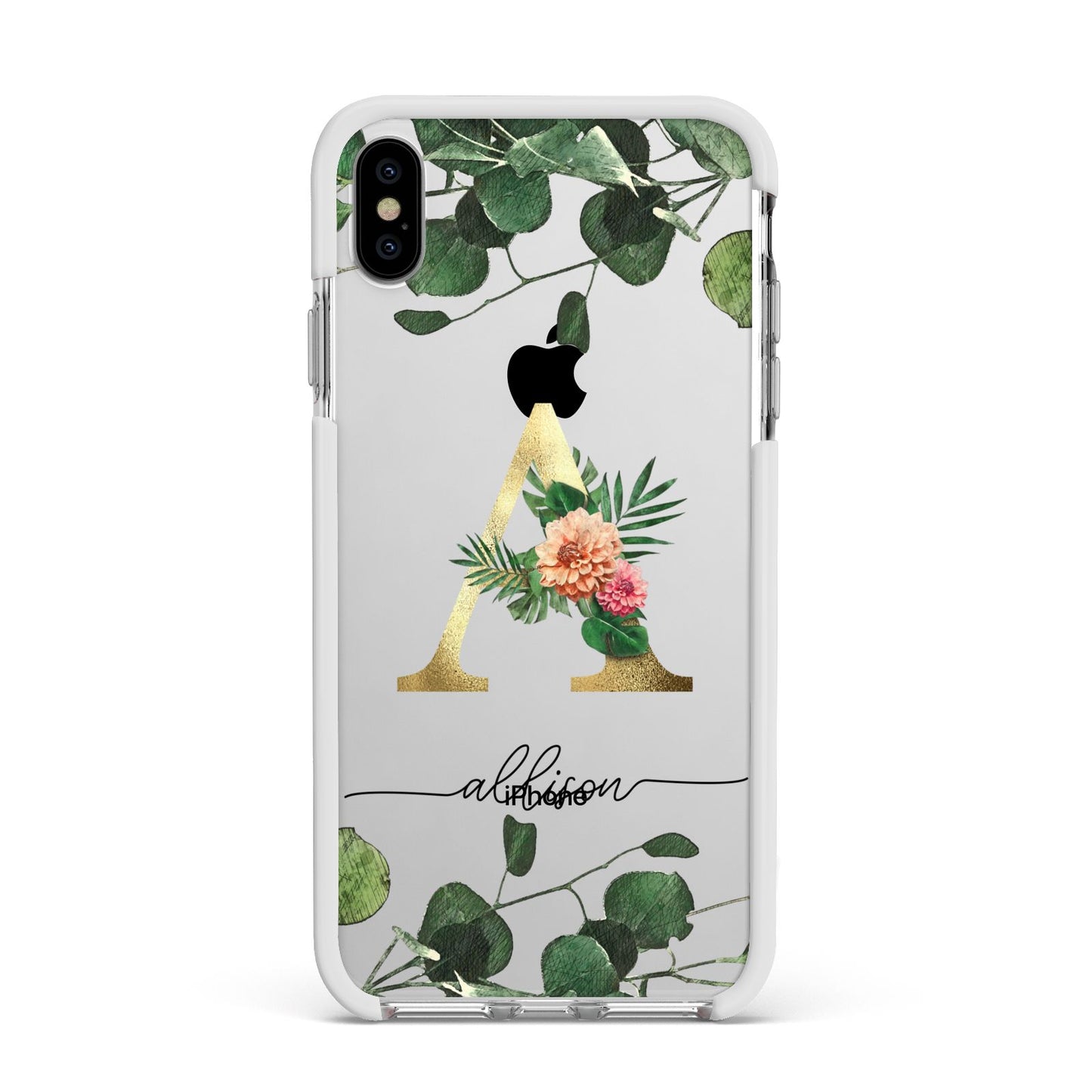 Personalised Forest Monogram Apple iPhone Xs Max Impact Case White Edge on Silver Phone