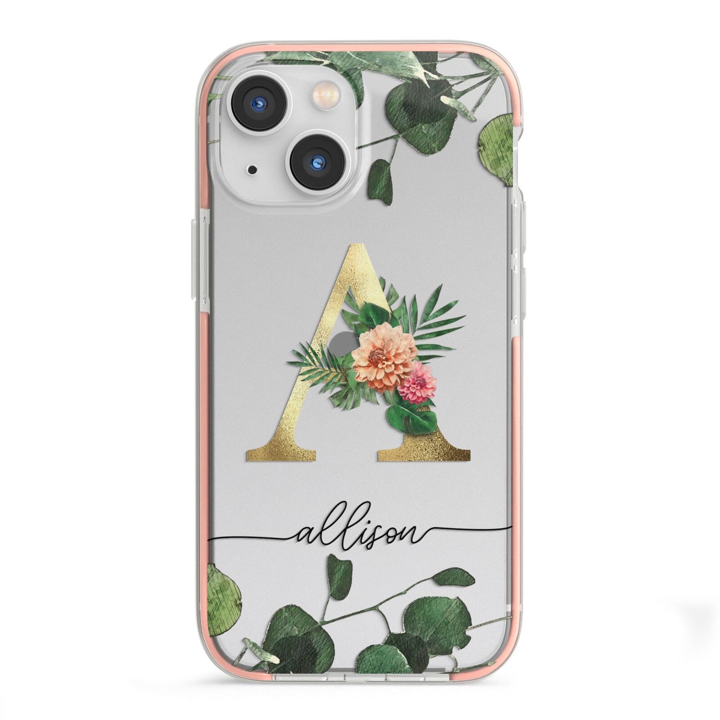 Personalised Forest Monogram iPhone 13 Mini TPU Impact Case with Pink Edges