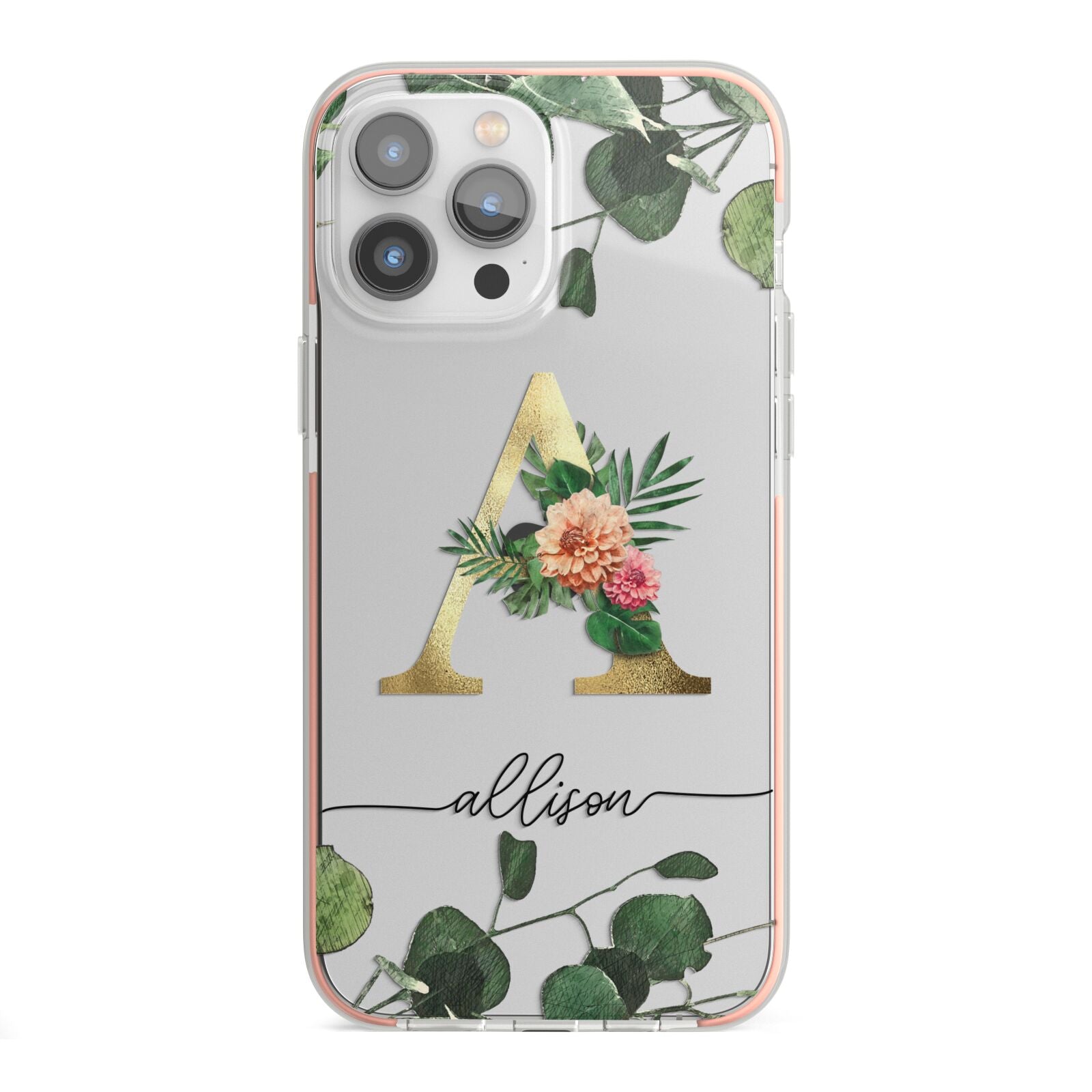 Personalised Forest Monogram iPhone 13 Pro Max TPU Impact Case with Pink Edges