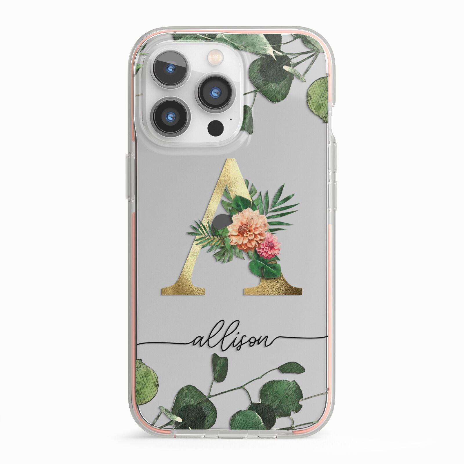 Personalised Forest Monogram iPhone 13 Pro TPU Impact Case with Pink Edges