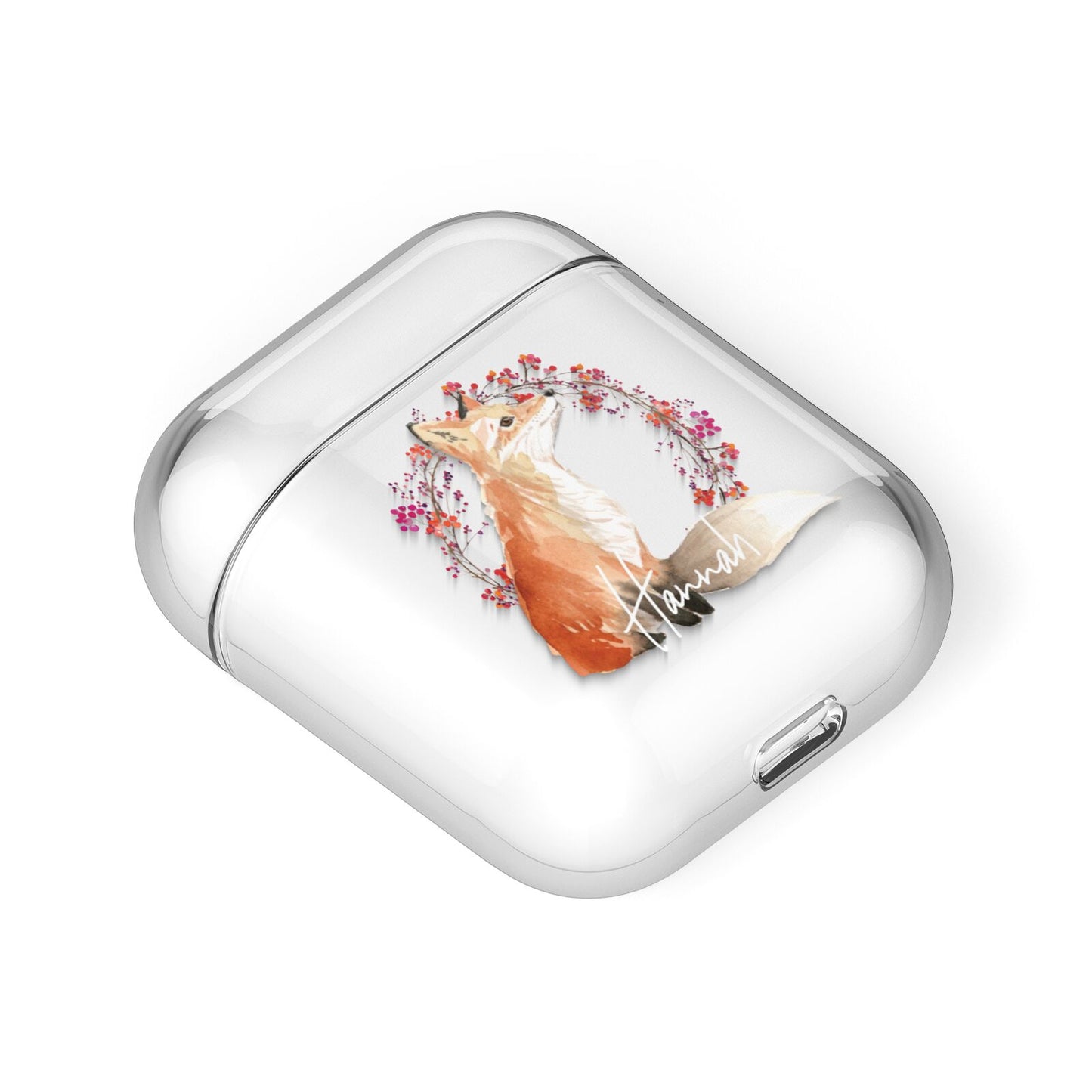 Personalised Fox Christmas Wreath AirPods Case Laid Flat