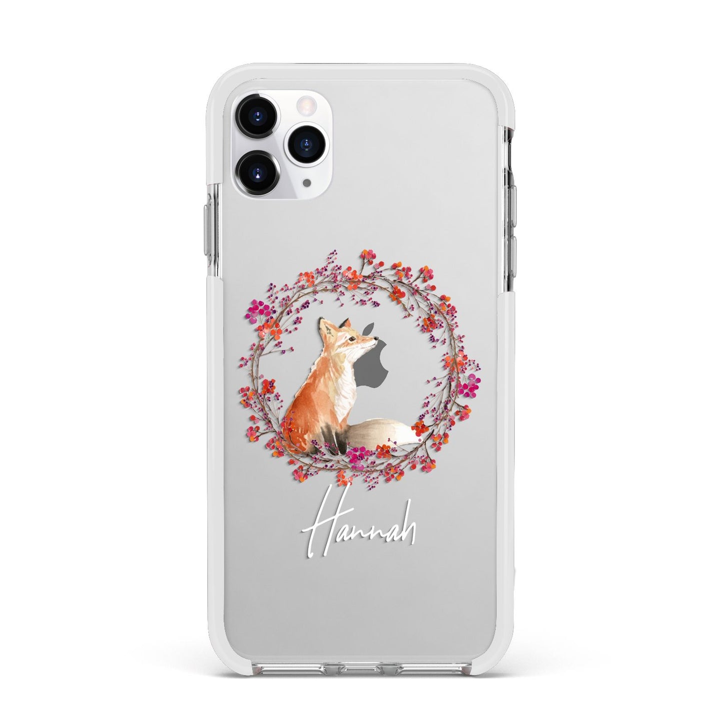 Personalised Fox Christmas Wreath Apple iPhone 11 Pro Max in Silver with White Impact Case