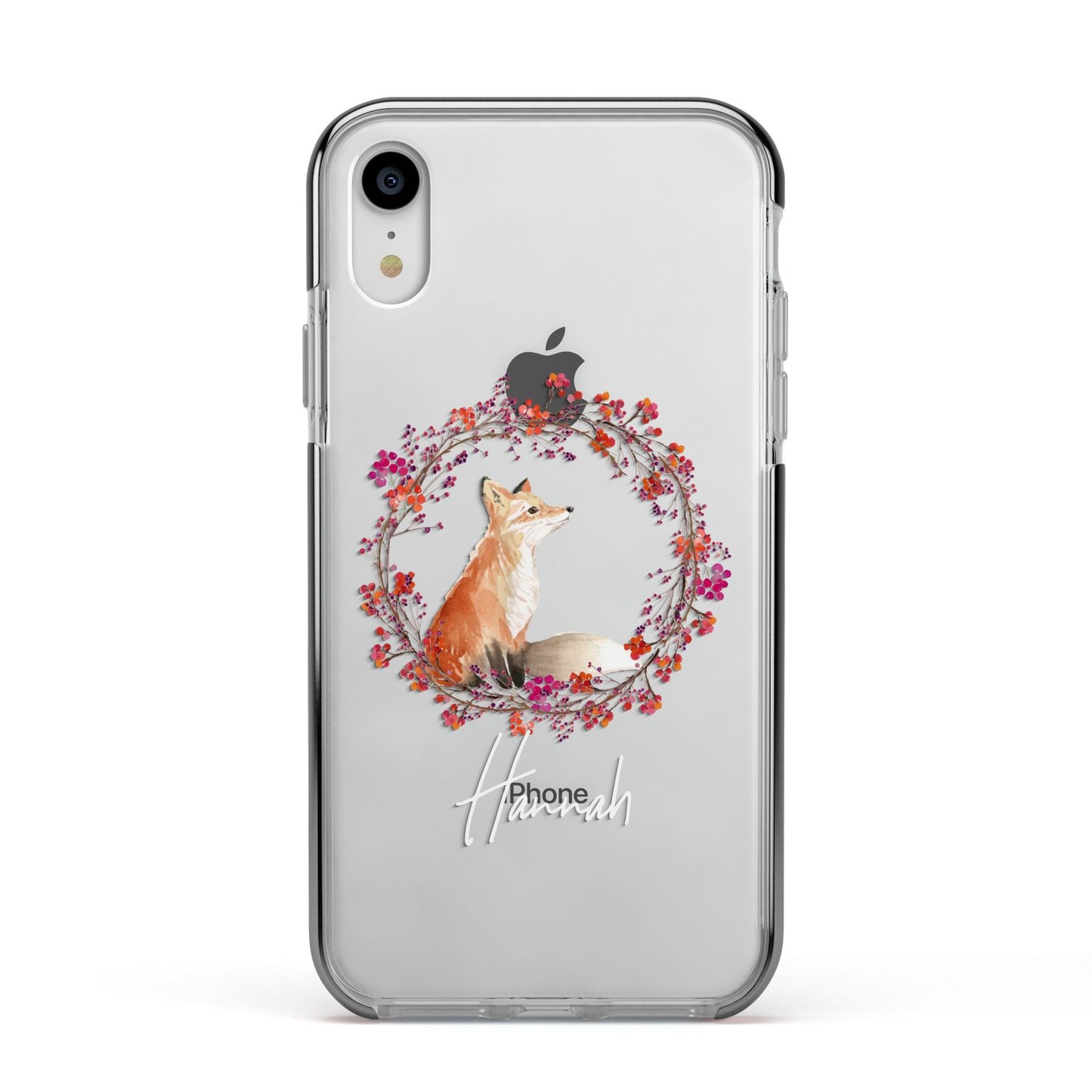 Personalised Fox Christmas Wreath Apple iPhone XR Impact Case Black Edge on Silver Phone