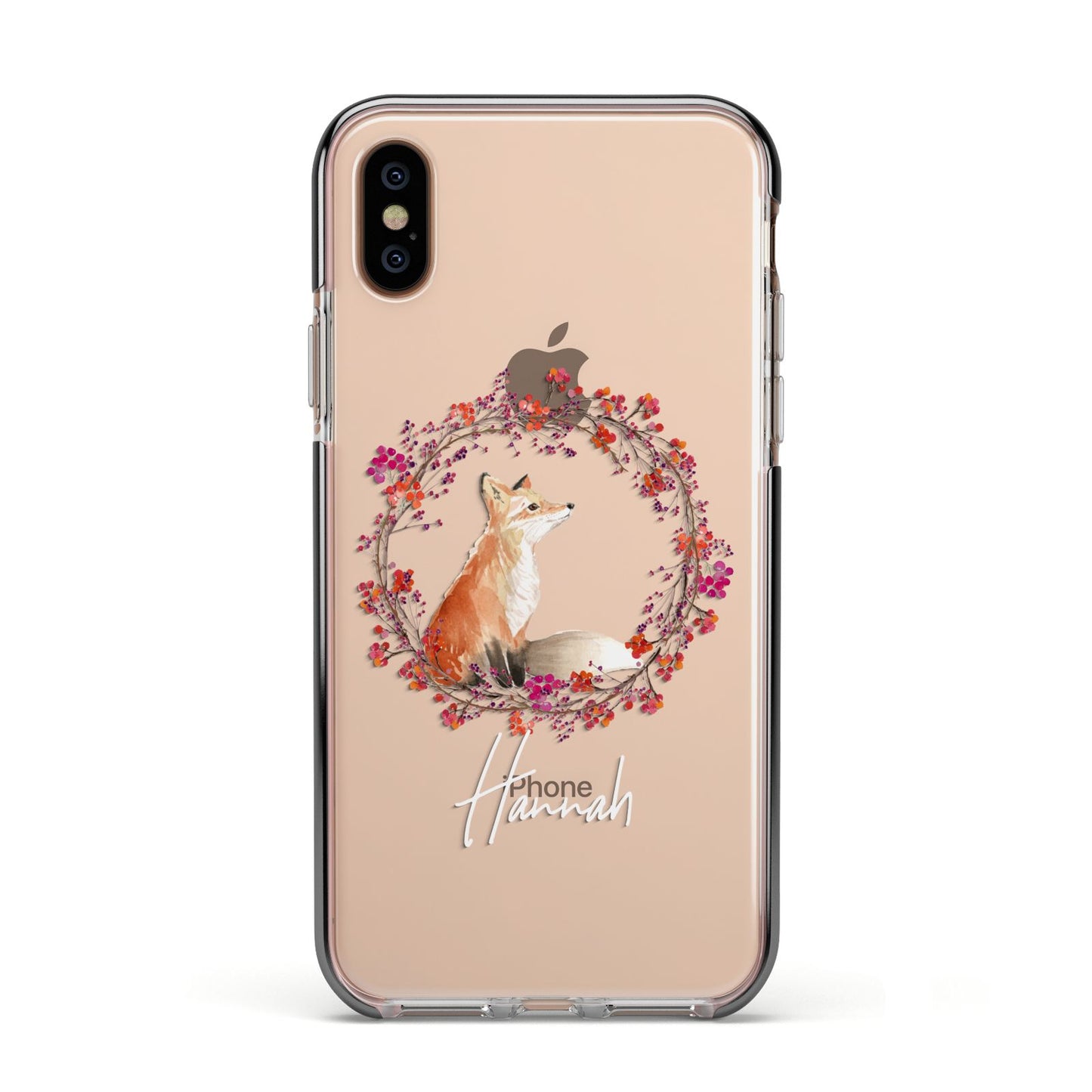 Personalised Fox Christmas Wreath Apple iPhone Xs Impact Case Black Edge on Gold Phone