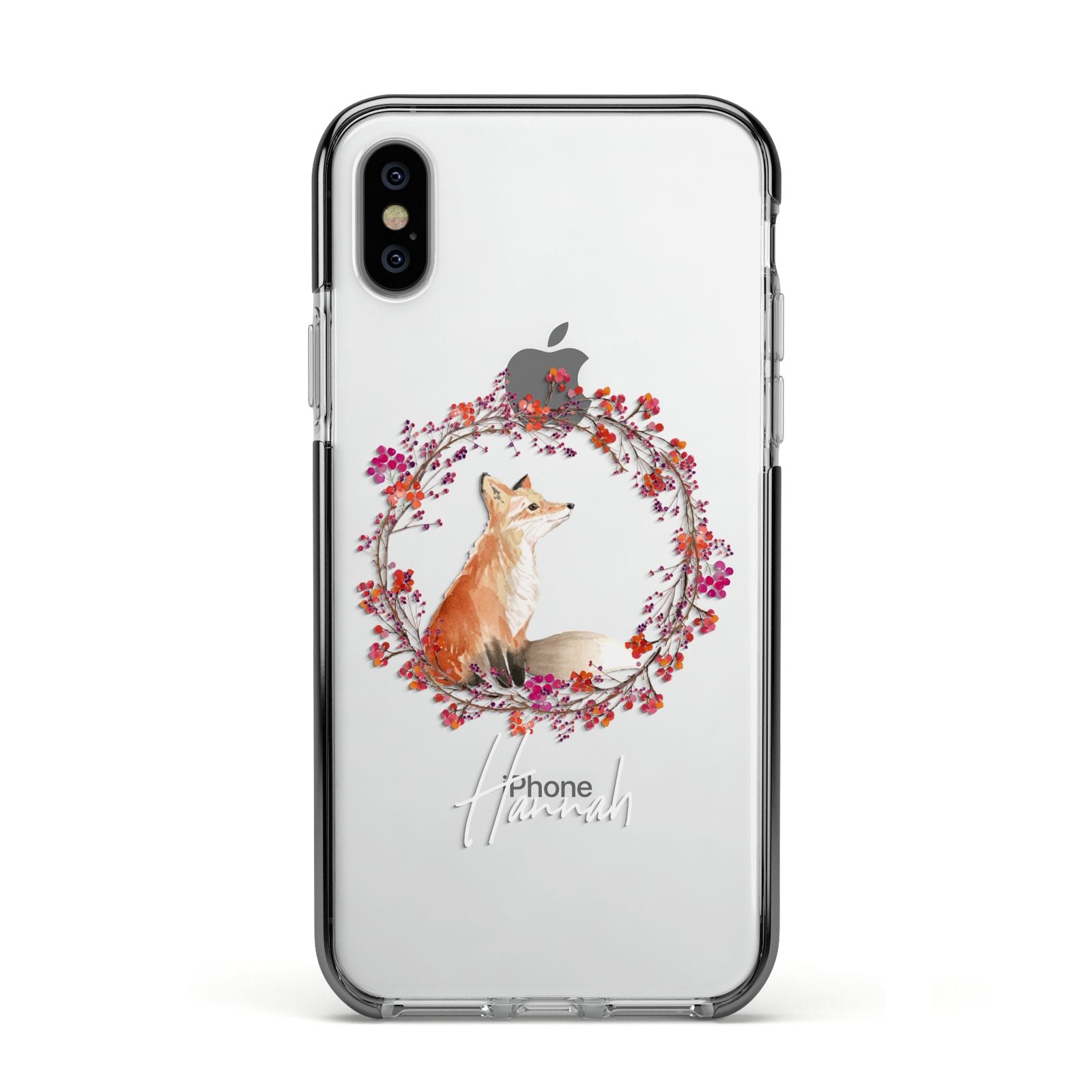 Personalised Fox Christmas Wreath Apple iPhone Xs Impact Case Black Edge on Silver Phone