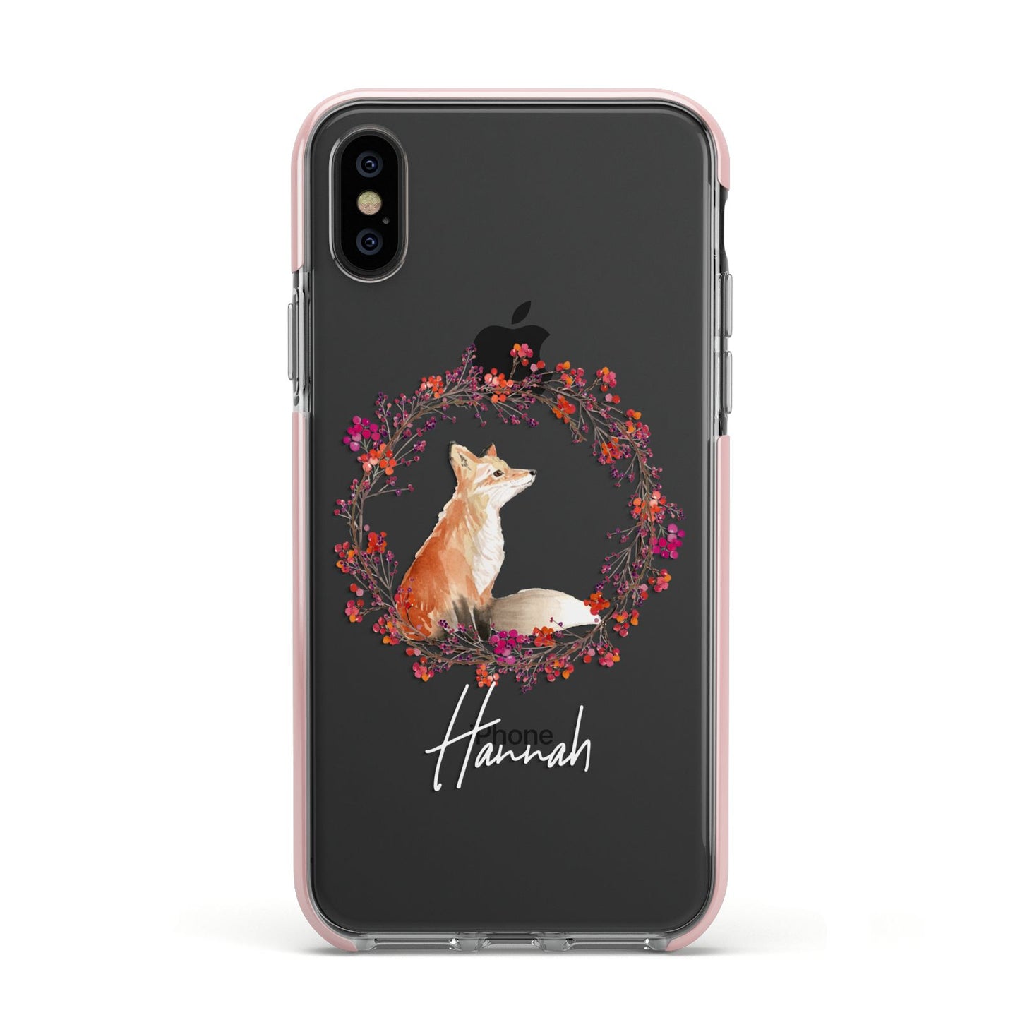 Personalised Fox Christmas Wreath Apple iPhone Xs Impact Case Pink Edge on Black Phone