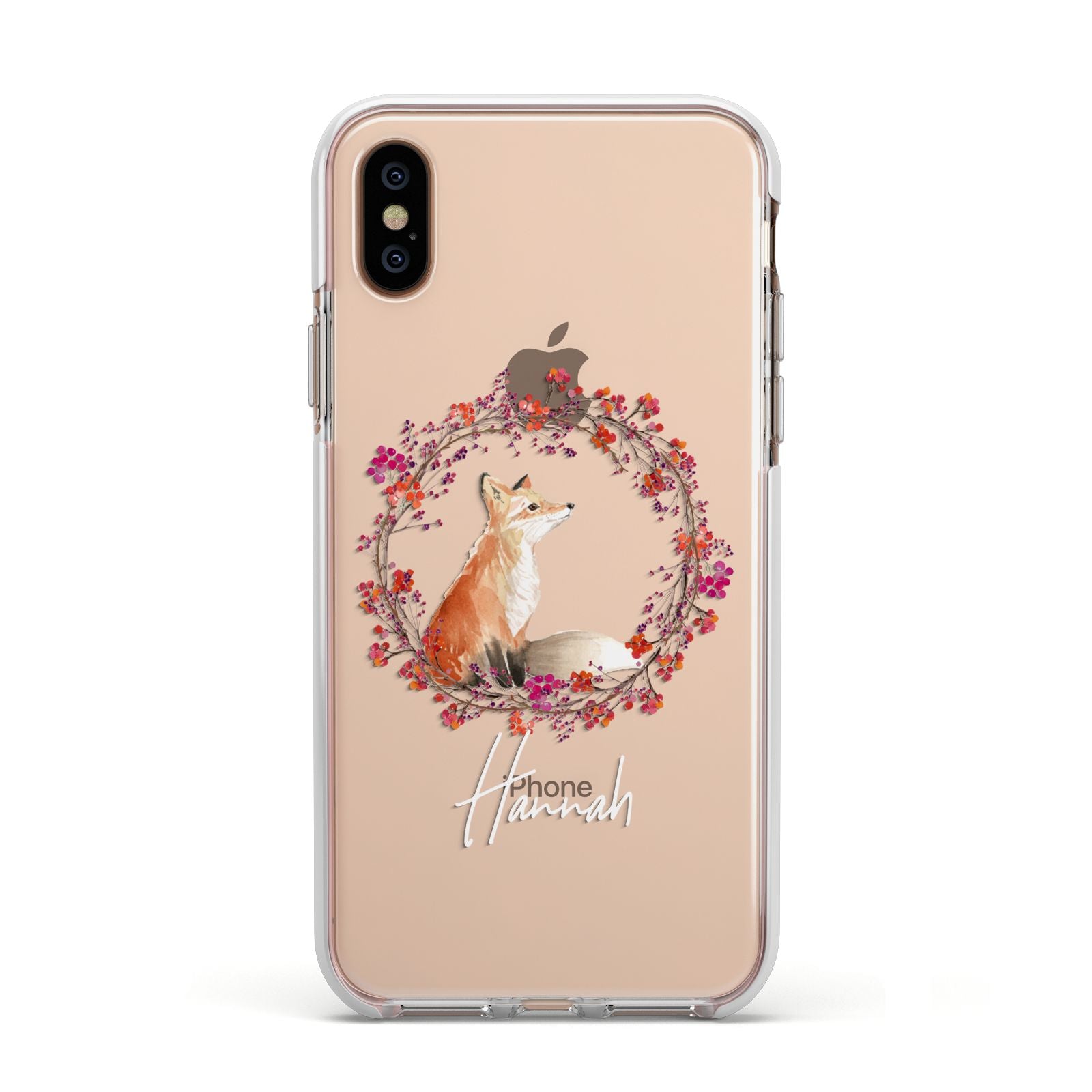 Personalised Fox Christmas Wreath Apple iPhone Xs Impact Case White Edge on Gold Phone