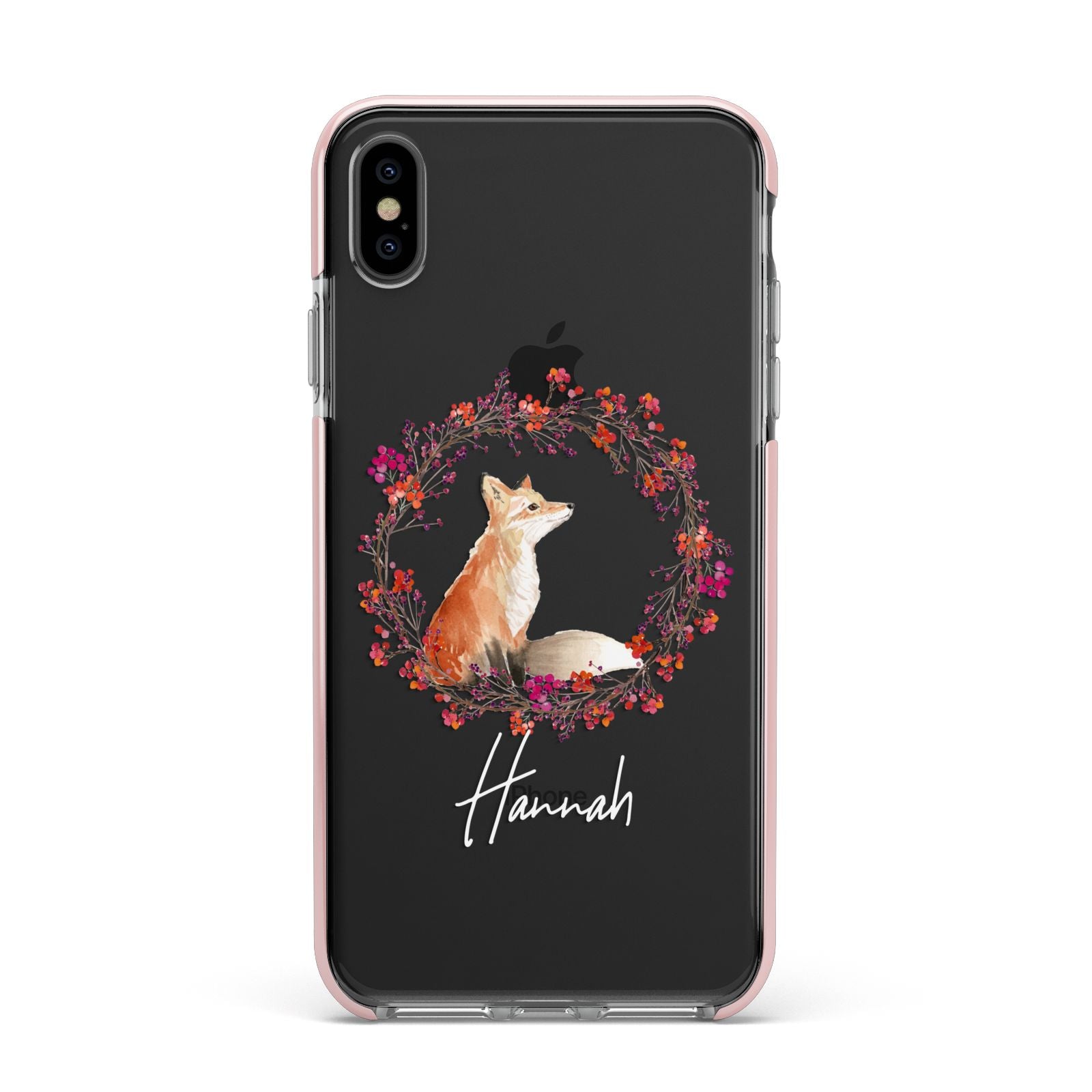 Personalised Fox Christmas Wreath Apple iPhone Xs Max Impact Case Pink Edge on Black Phone