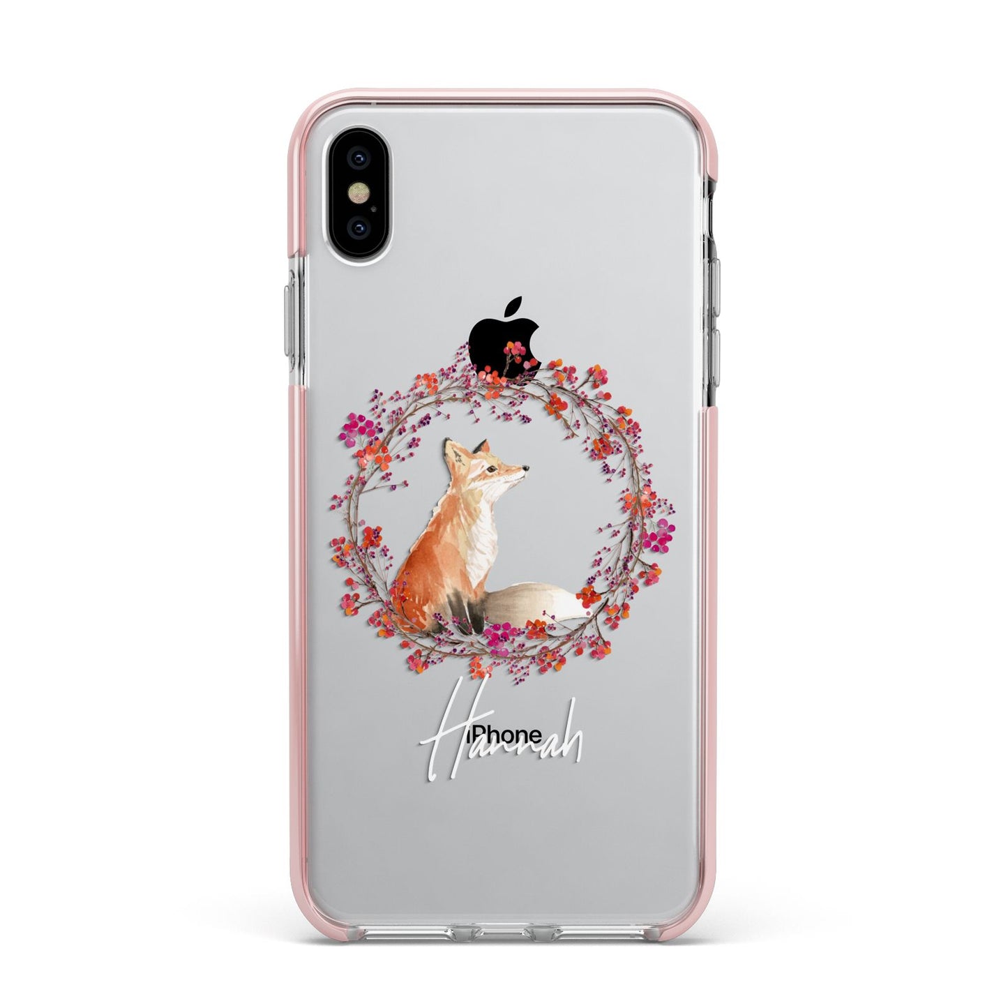 Personalised Fox Christmas Wreath Apple iPhone Xs Max Impact Case Pink Edge on Silver Phone
