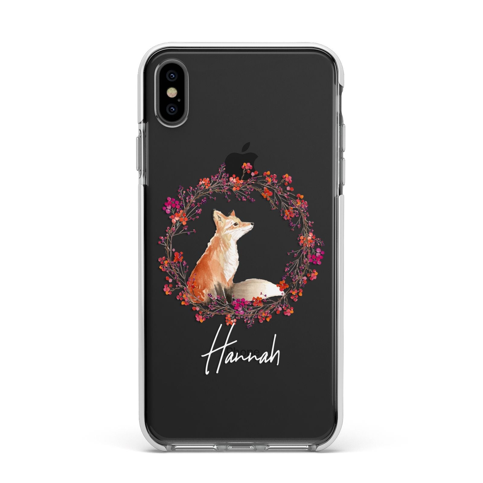 Personalised Fox Christmas Wreath Apple iPhone Xs Max Impact Case White Edge on Black Phone