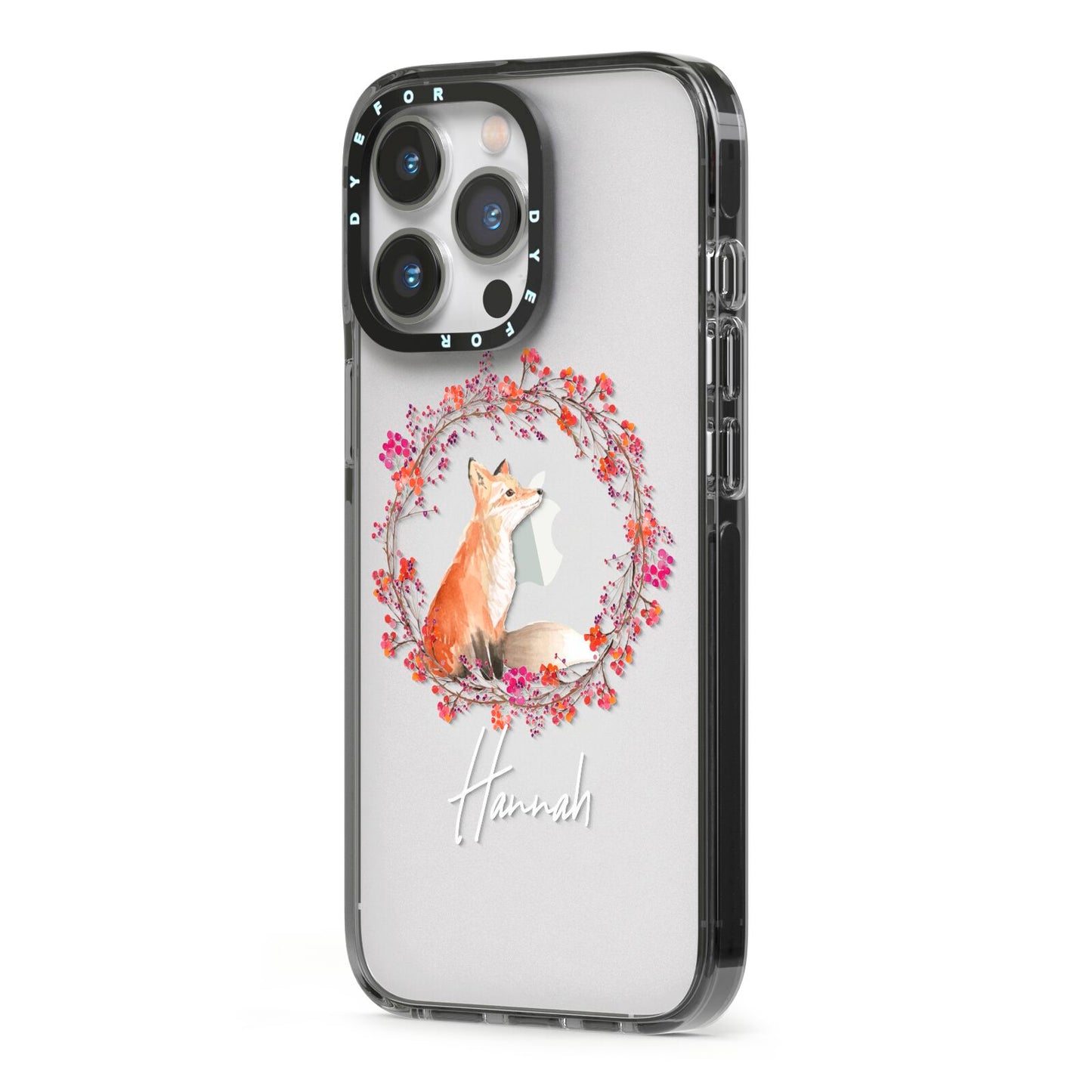 Personalised Fox Christmas Wreath iPhone 13 Pro Black Impact Case Side Angle on Silver phone