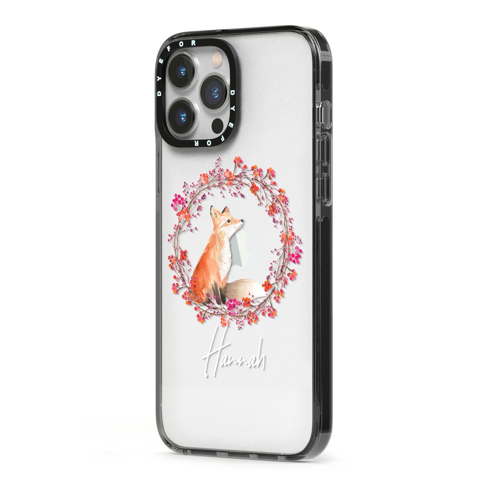 Personalised Fox Christmas Wreath iPhone 13 Pro Max Black Impact Case Side Angle on Silver phone