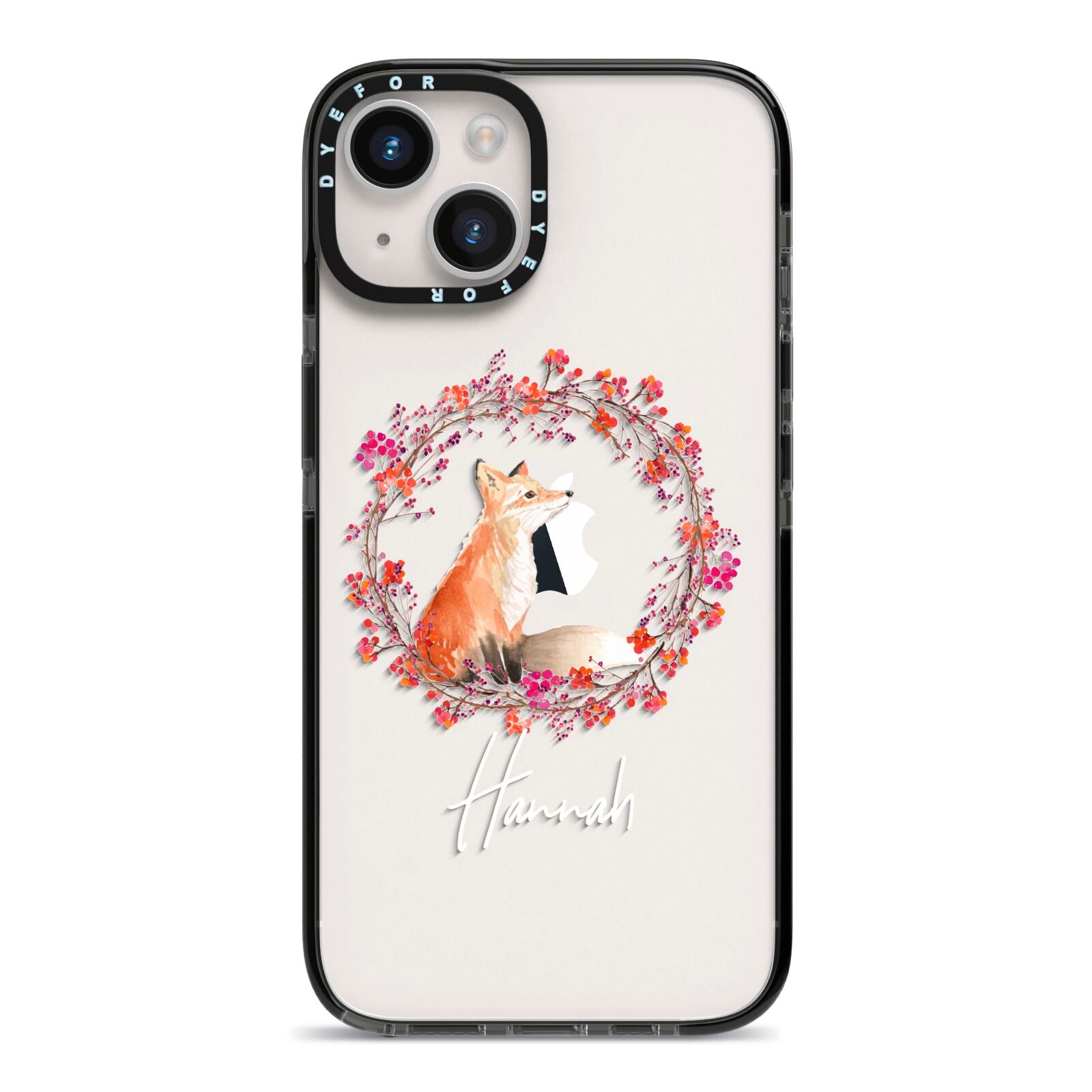 Personalised Fox Christmas Wreath iPhone 14 Black Impact Case on Silver phone