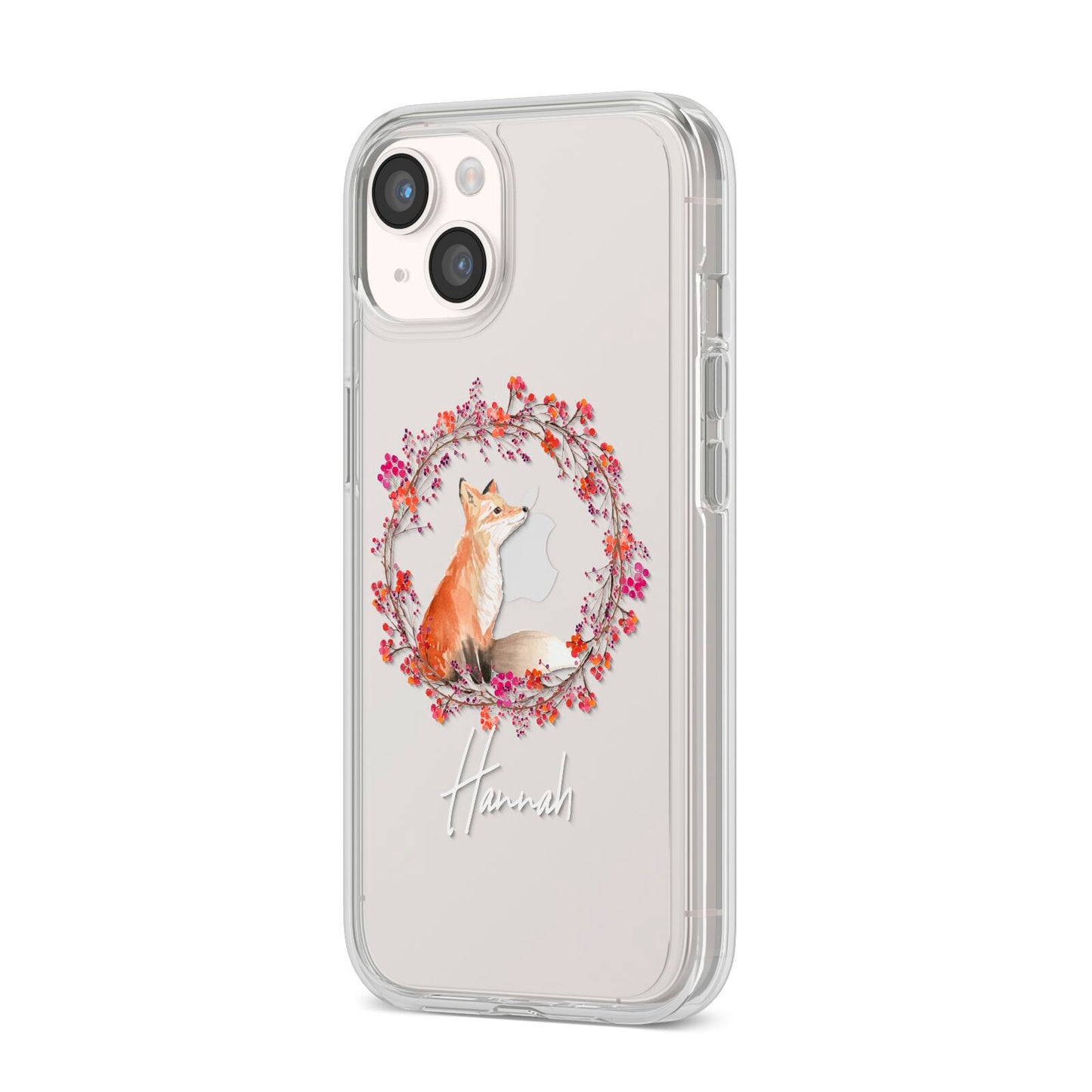 Personalised Fox Christmas Wreath iPhone 14 Clear Tough Case Starlight Angled Image