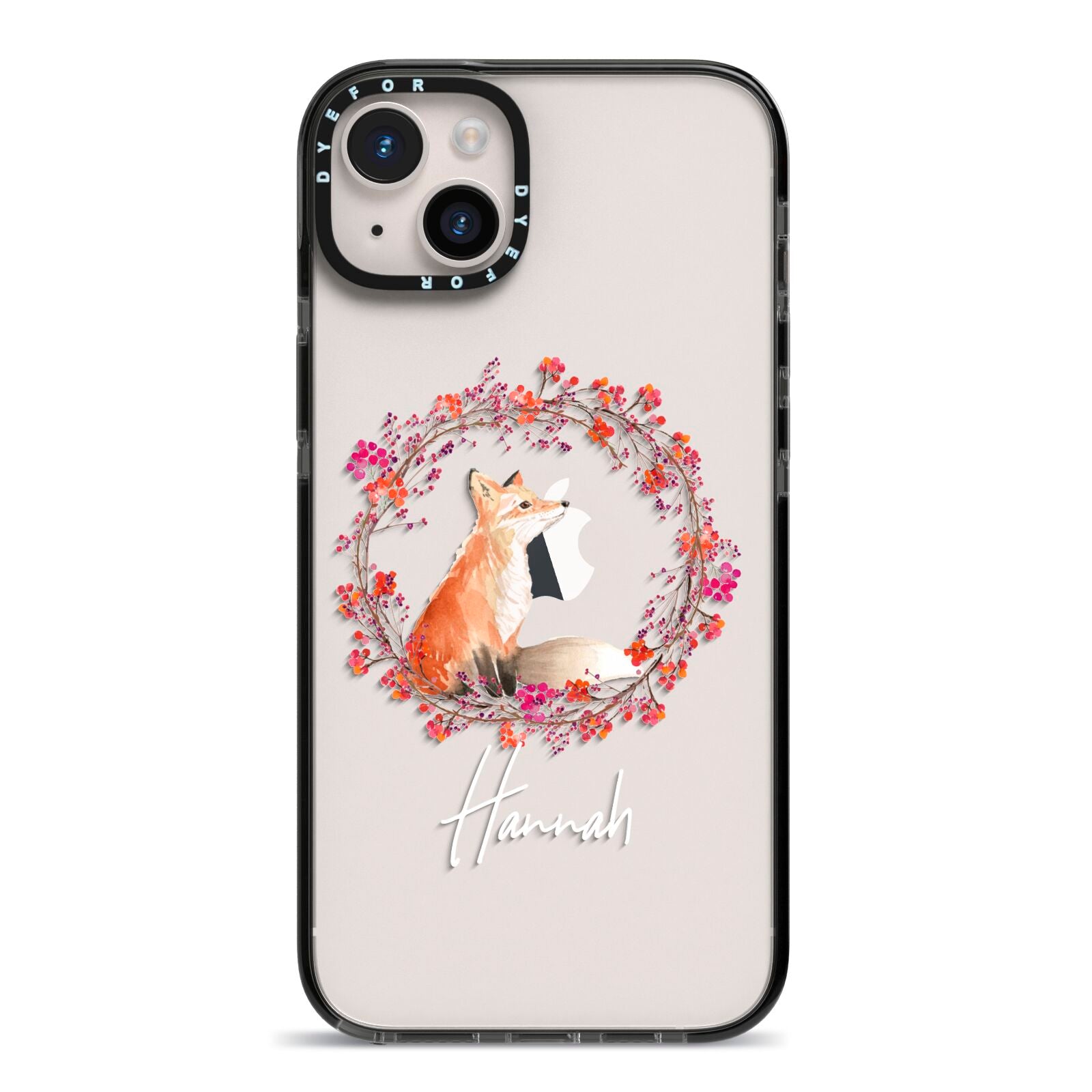 Personalised Fox Christmas Wreath iPhone 14 Plus Black Impact Case on Silver phone