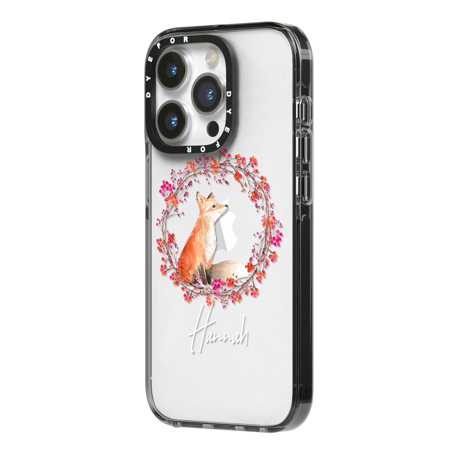 Personalised Fox Christmas Wreath iPhone 14 Pro Black Impact Case Side Angle on Silver phone