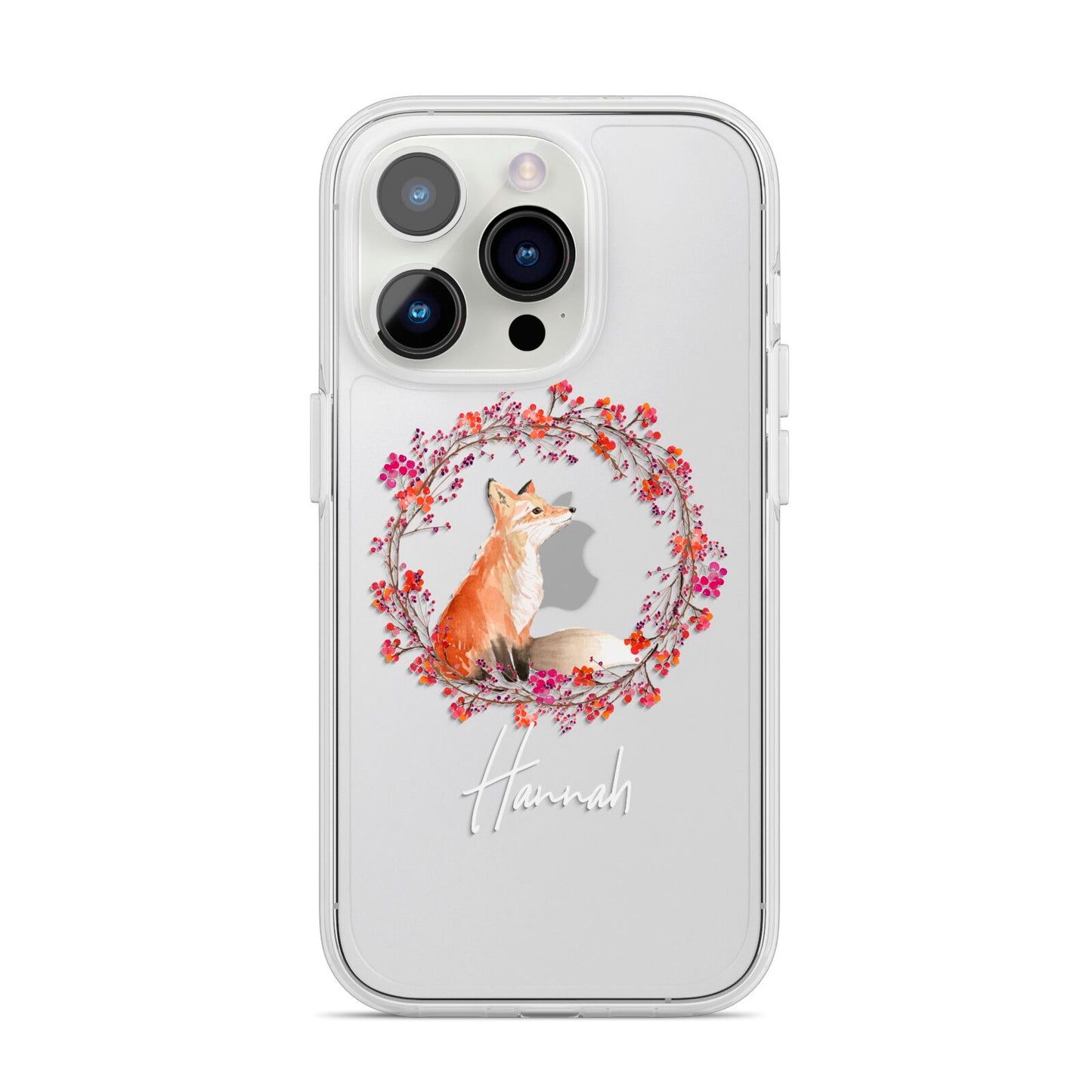 Personalised Fox Christmas Wreath iPhone 14 Pro Clear Tough Case Silver