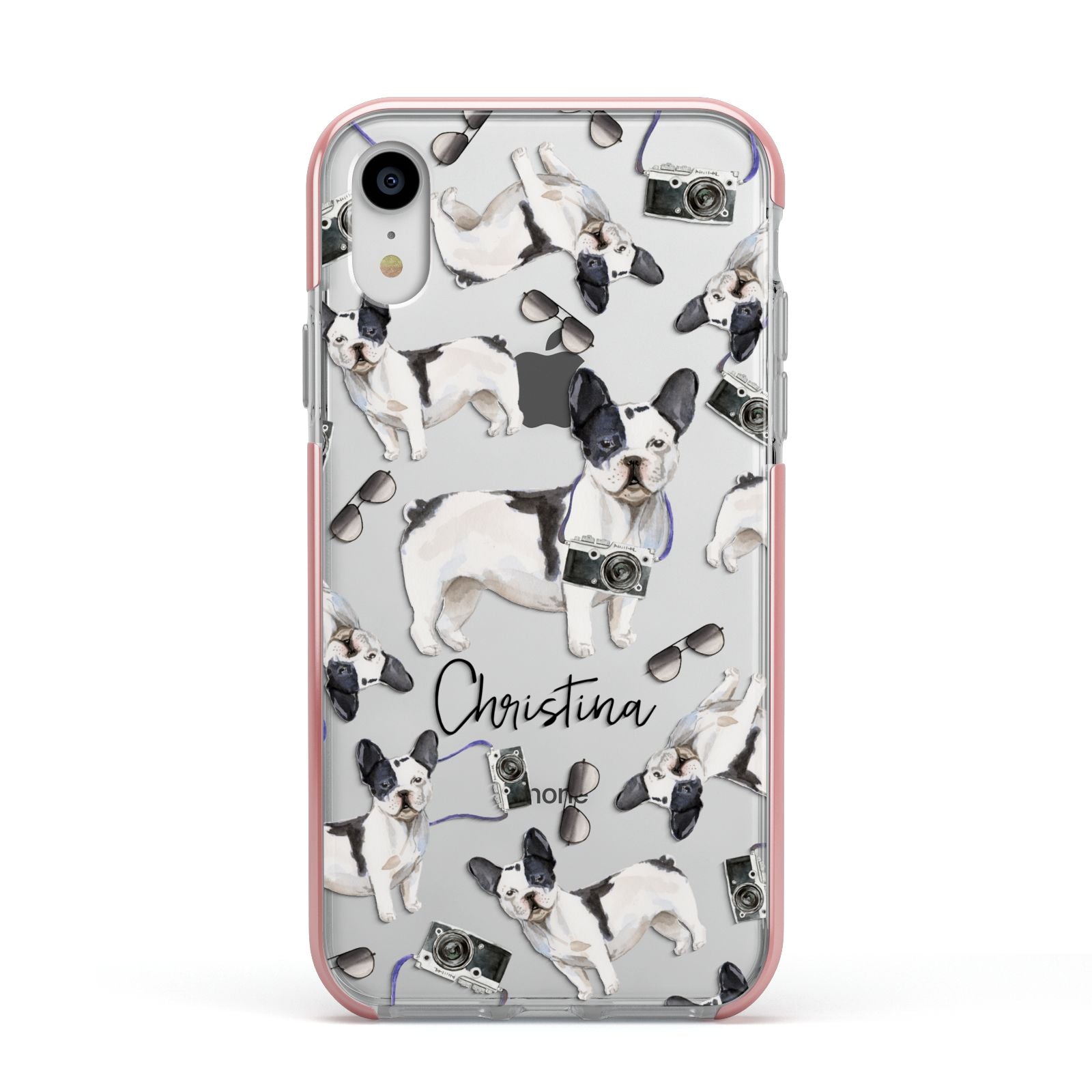 Personalised French Bulldog Apple iPhone XR Impact Case Pink Edge on Silver Phone