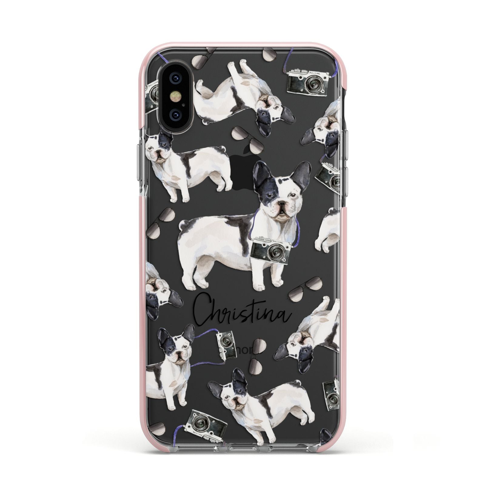 Personalised French Bulldog Apple iPhone Xs Impact Case Pink Edge on Black Phone