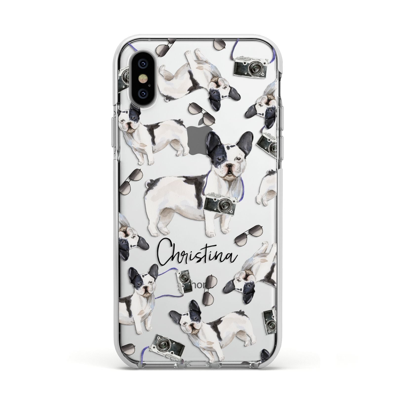 Personalised French Bulldog Apple iPhone Xs Impact Case White Edge on Silver Phone