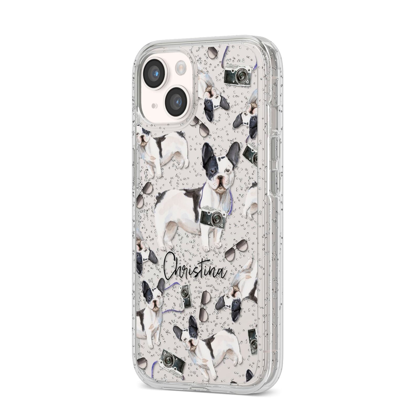 Personalised French Bulldog iPhone 14 Glitter Tough Case Starlight Angled Image
