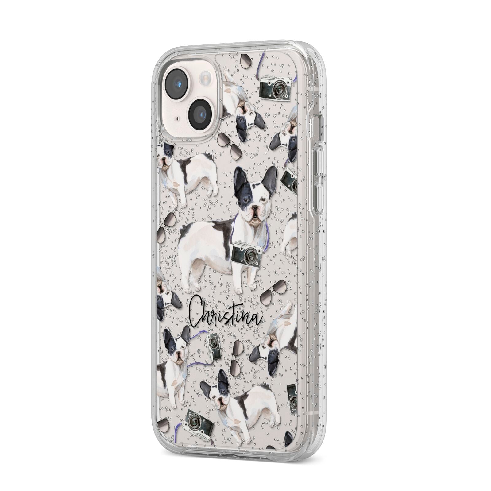 Personalised French Bulldog iPhone 14 Plus Glitter Tough Case Starlight Angled Image