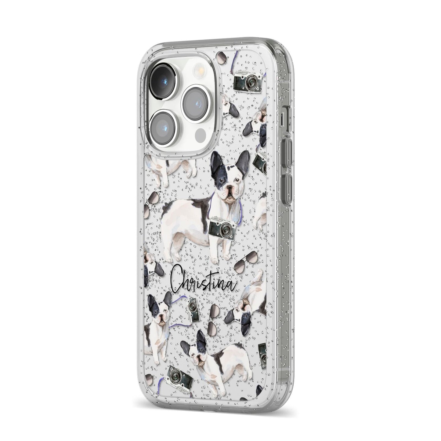 Personalised French Bulldog iPhone 14 Pro Glitter Tough Case Silver Angled Image