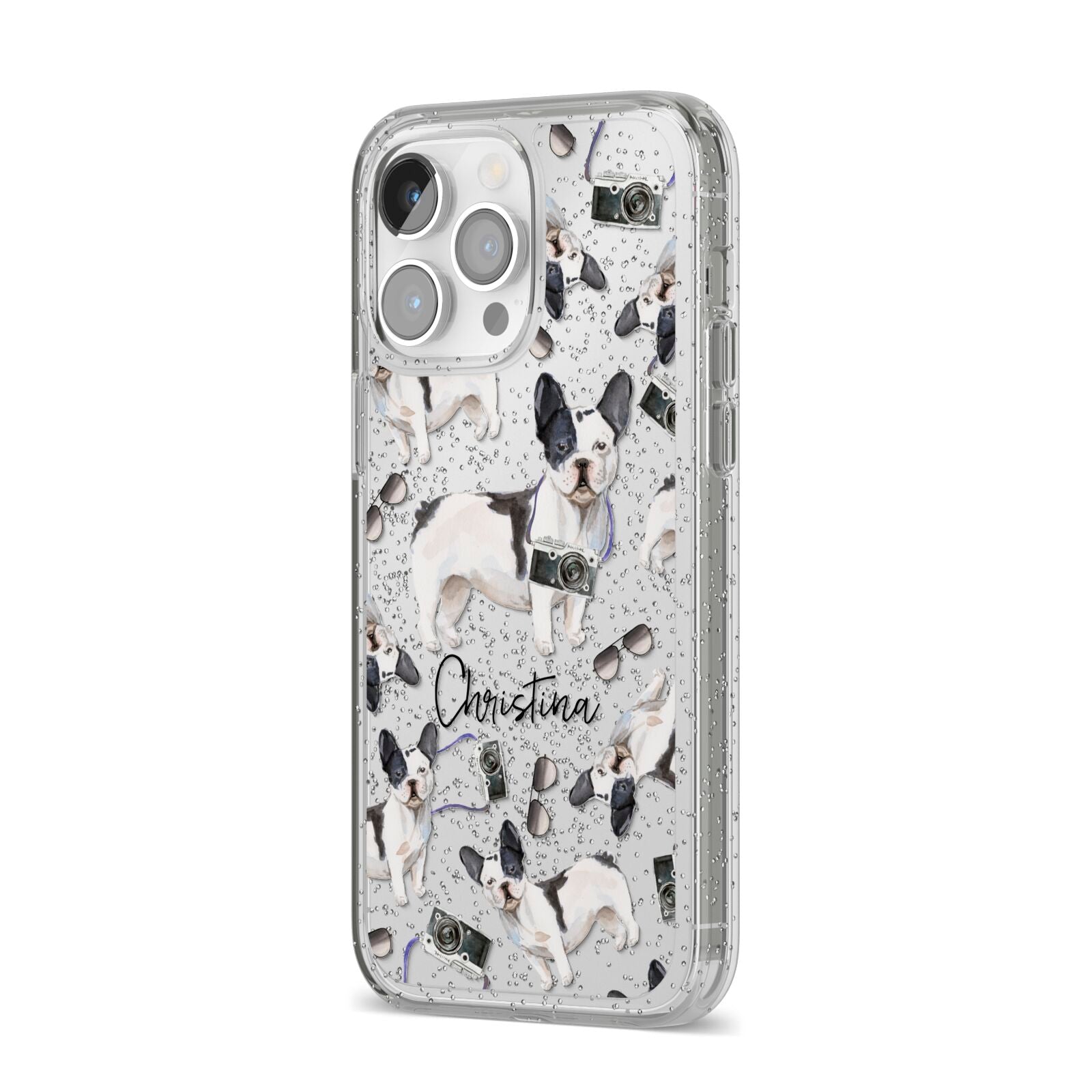 Personalised French Bulldog iPhone 14 Pro Max Glitter Tough Case Silver Angled Image