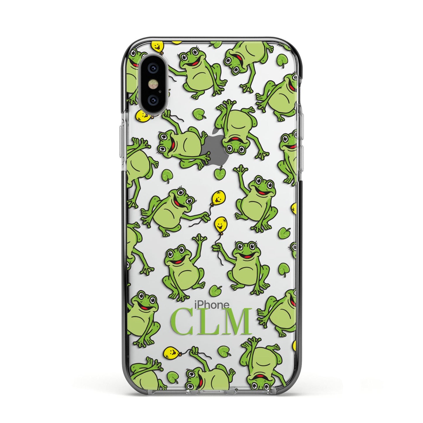 Personalised Frog Initials Apple iPhone Xs Impact Case Black Edge on Silver Phone