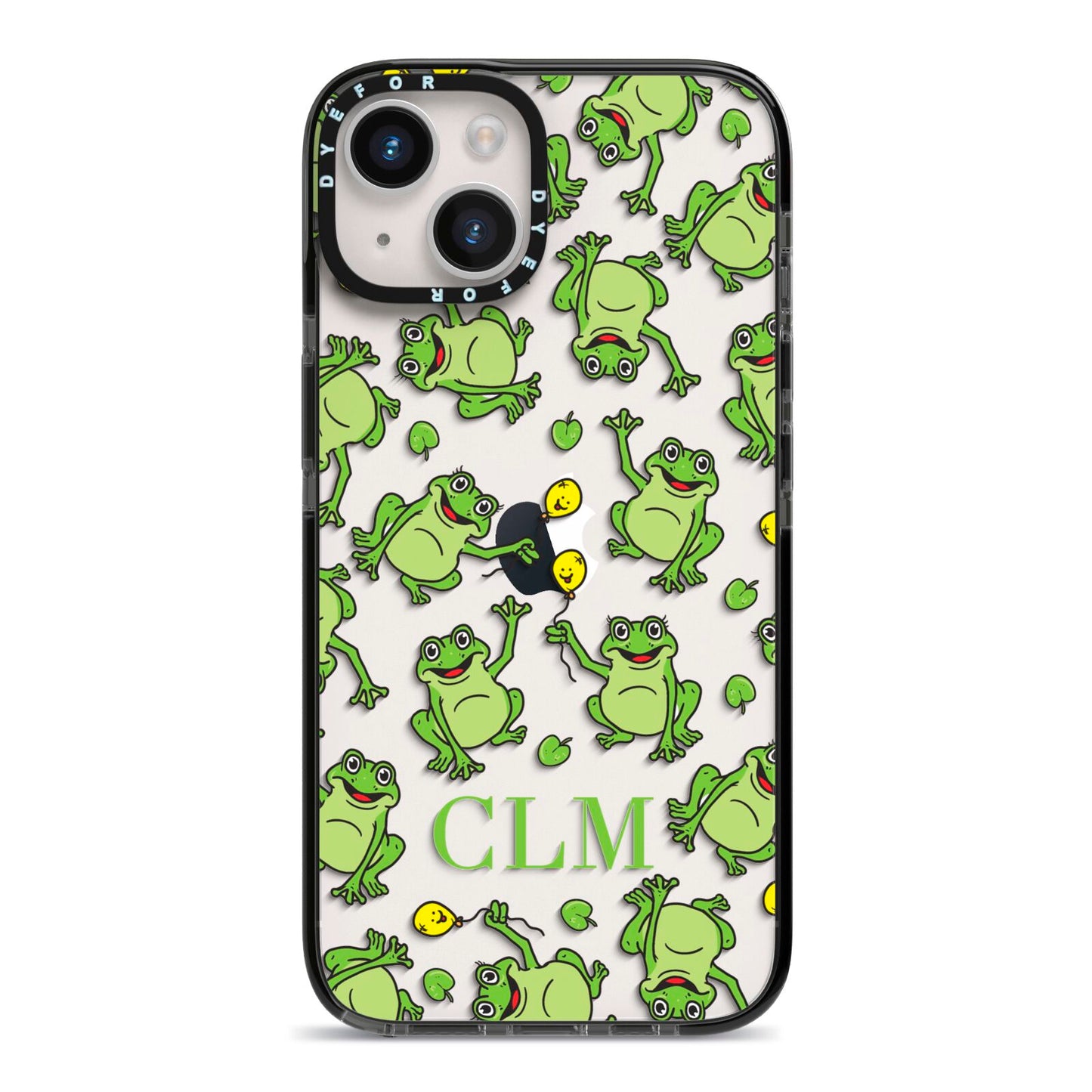 Personalised Frog Initials iPhone 14 Black Impact Case on Silver phone