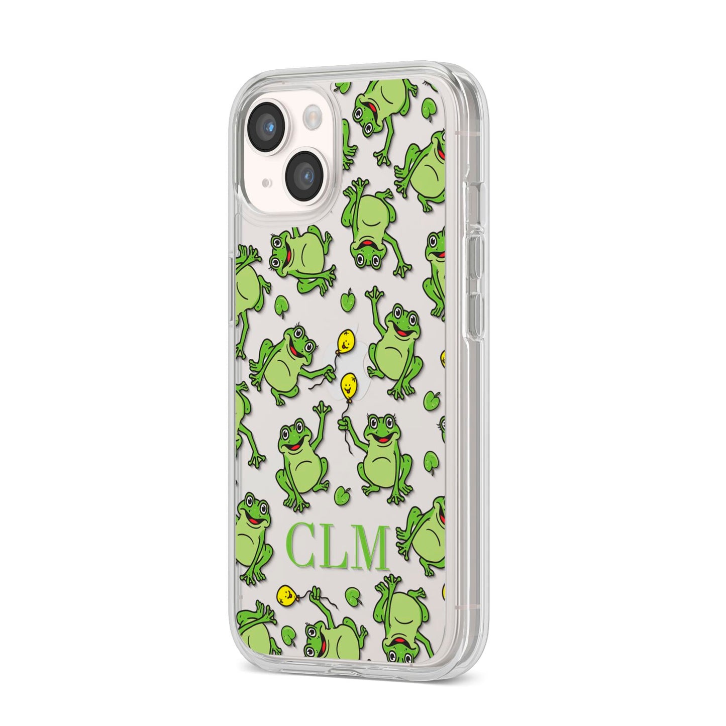 Personalised Frog Initials iPhone 14 Clear Tough Case Starlight Angled Image