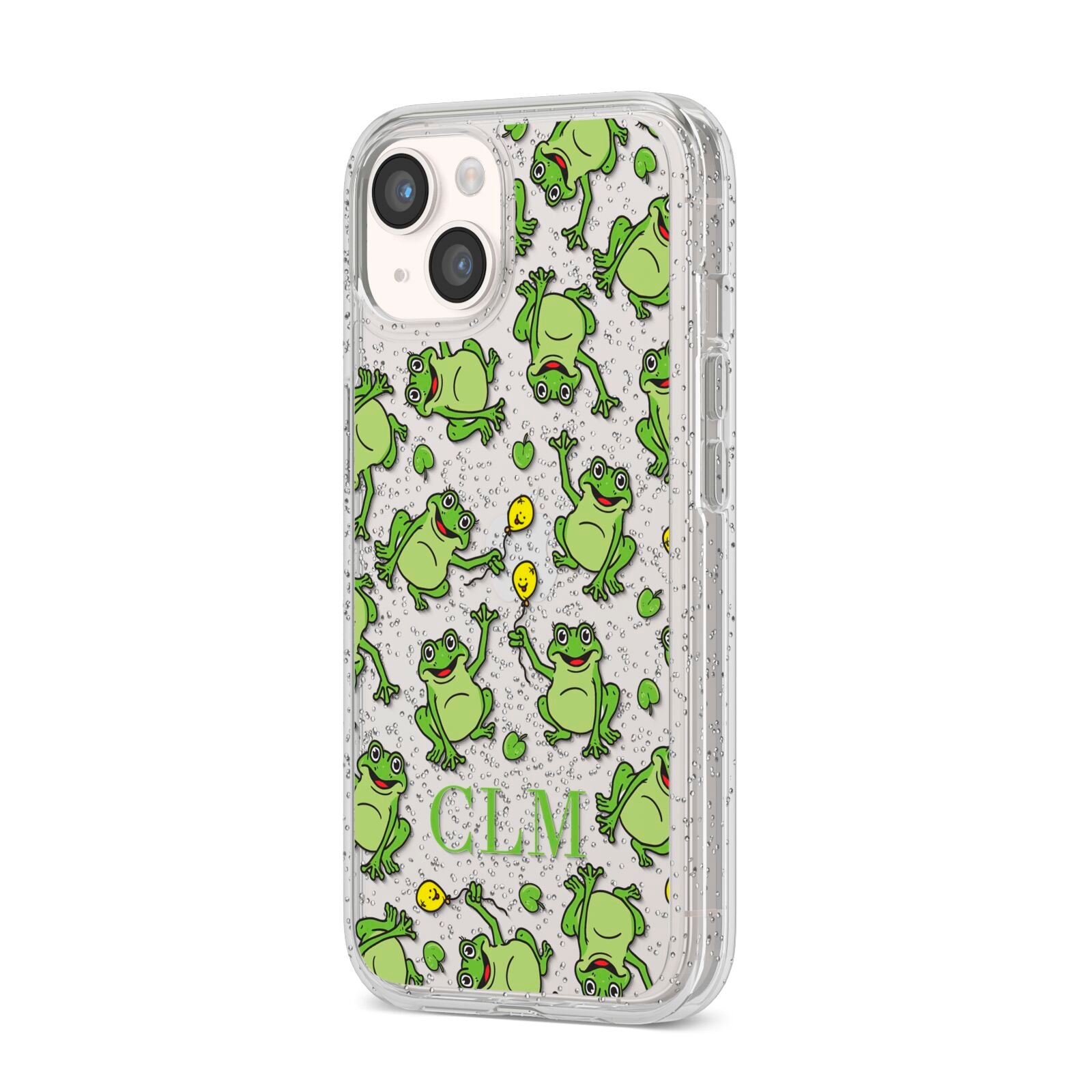 Personalised Frog Initials iPhone 14 Glitter Tough Case Starlight Angled Image