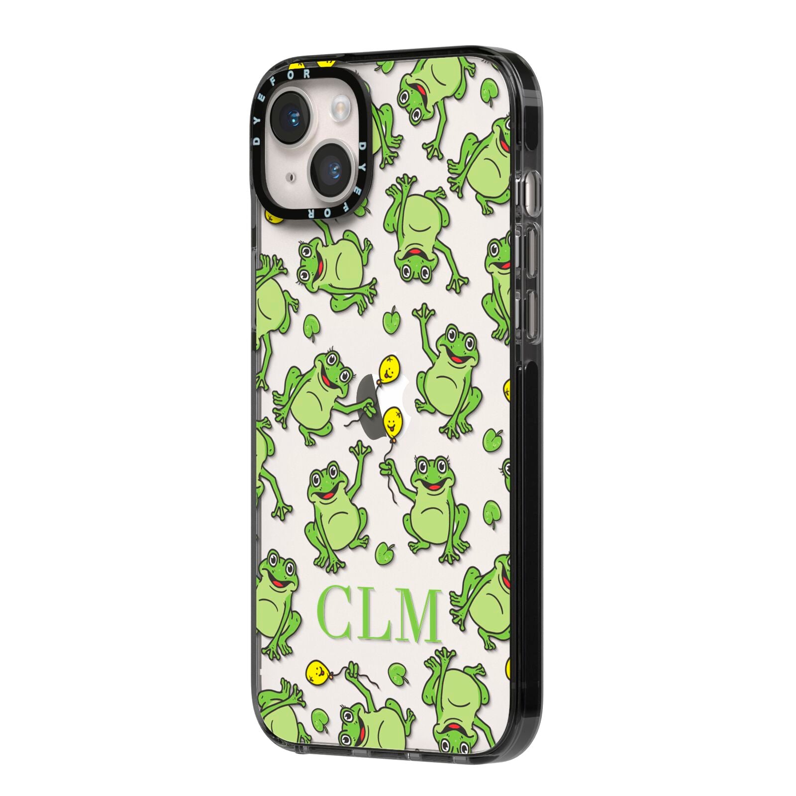 Personalised Frog Initials iPhone 14 Plus Black Impact Case Side Angle on Silver phone