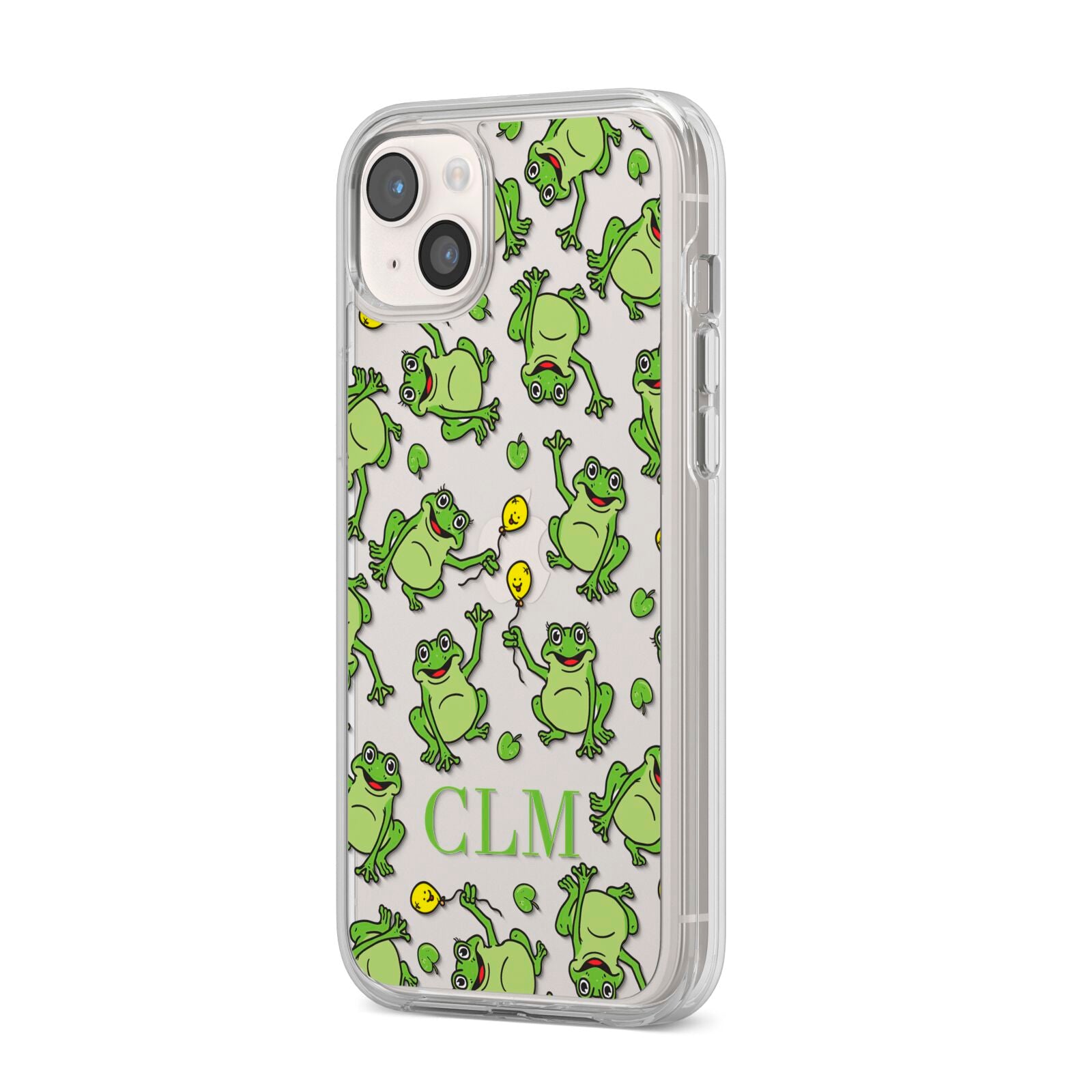 Personalised Frog Initials iPhone 14 Plus Clear Tough Case Starlight Angled Image