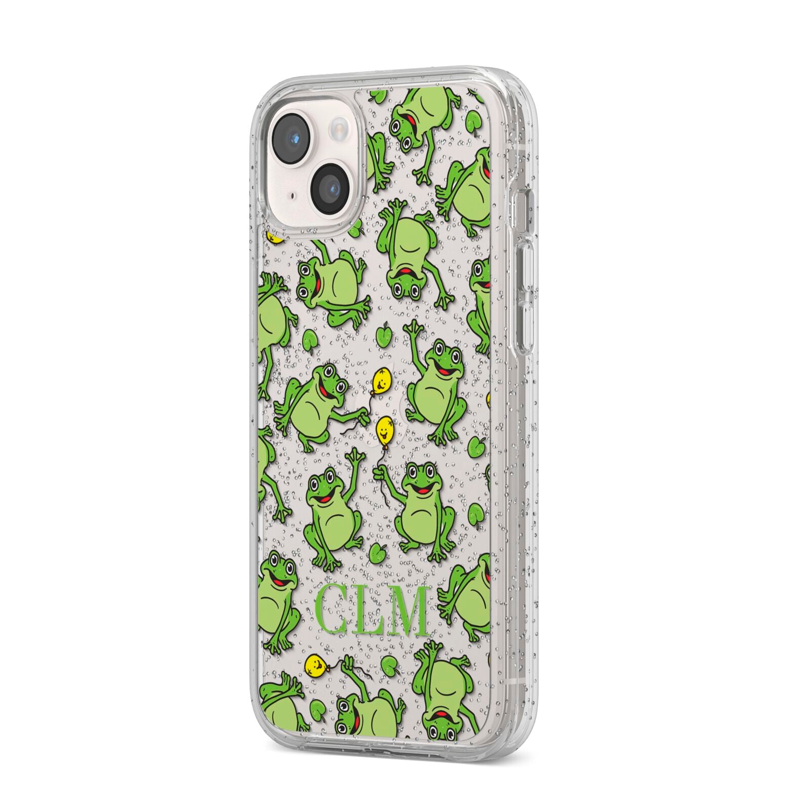 Personalised Frog Initials iPhone 14 Plus Glitter Tough Case Starlight Angled Image