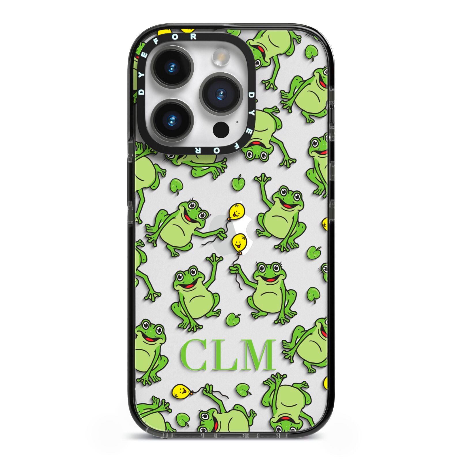 Personalised Frog Initials iPhone 14 Pro Black Impact Case on Silver phone