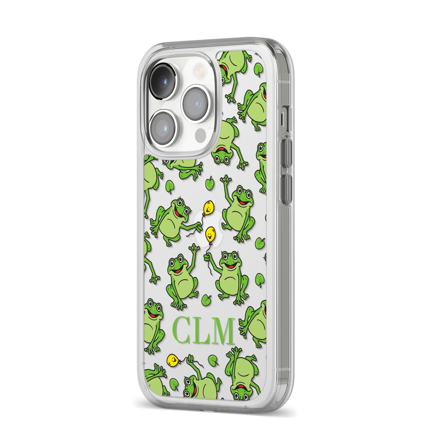 Personalised Frog Initials iPhone 14 Pro Clear Tough Case Silver Angled Image