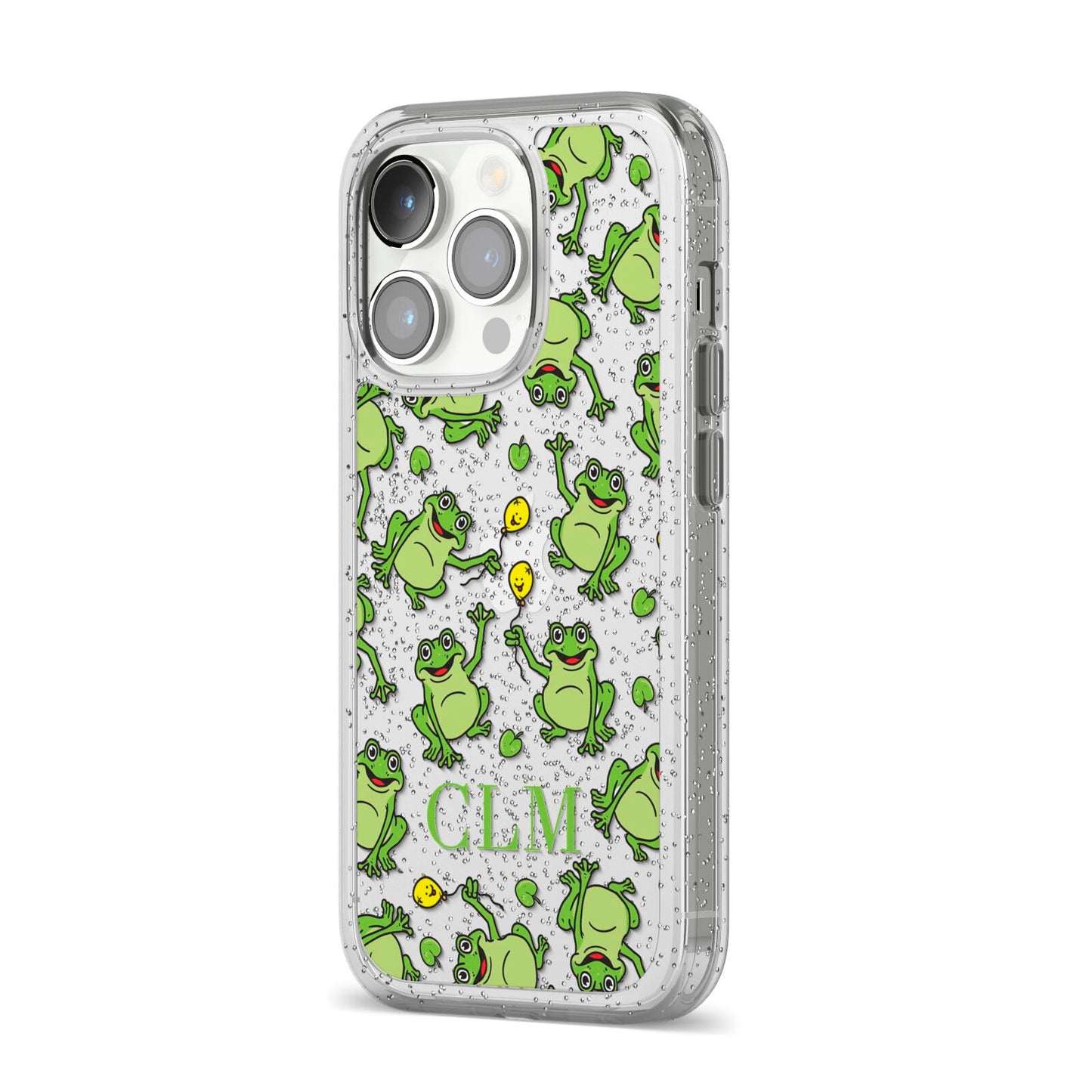 Personalised Frog Initials iPhone 14 Pro Glitter Tough Case Silver Angled Image