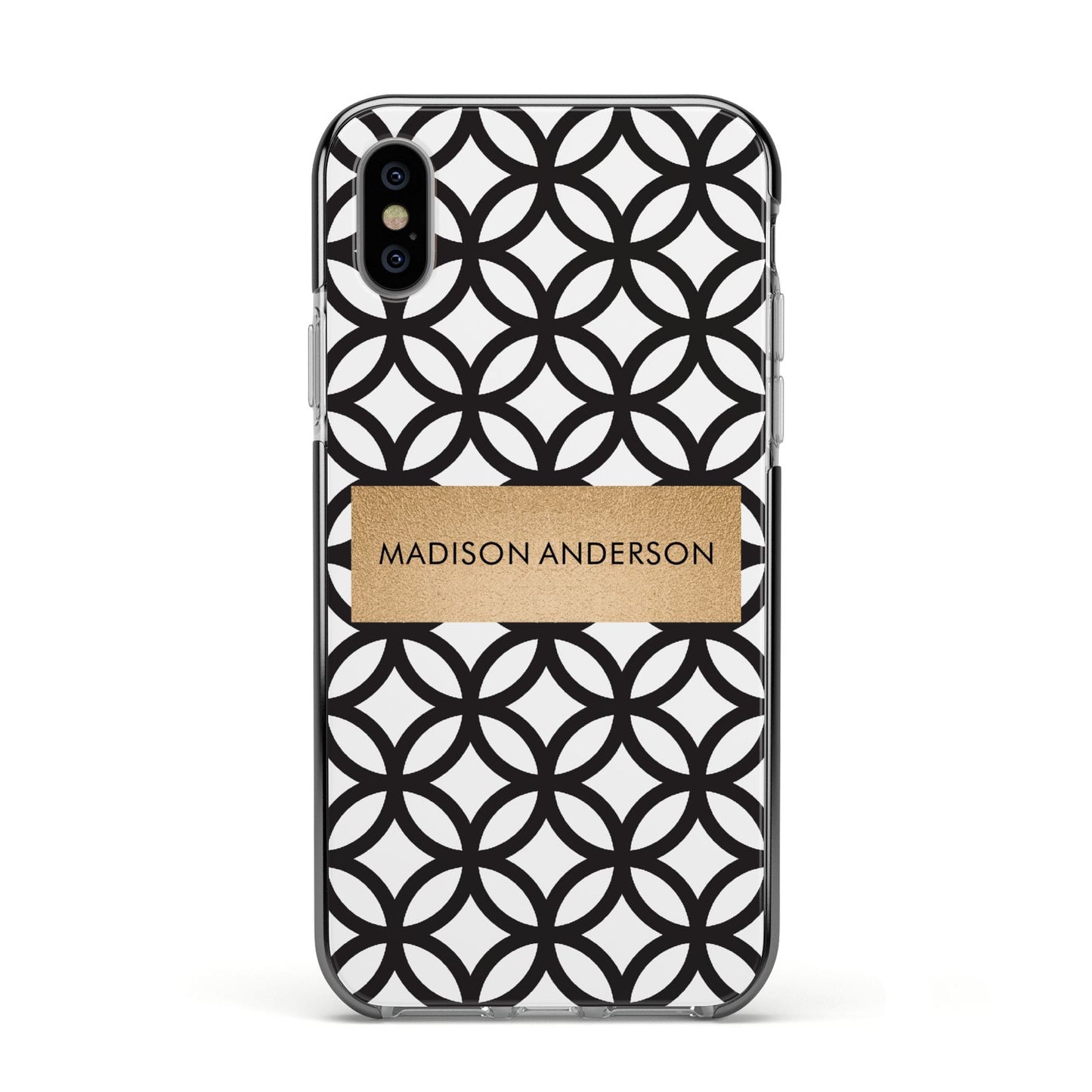 Personalised Geometric Name Or Initials Custom Apple iPhone Xs Impact Case Black Edge on Silver Phone