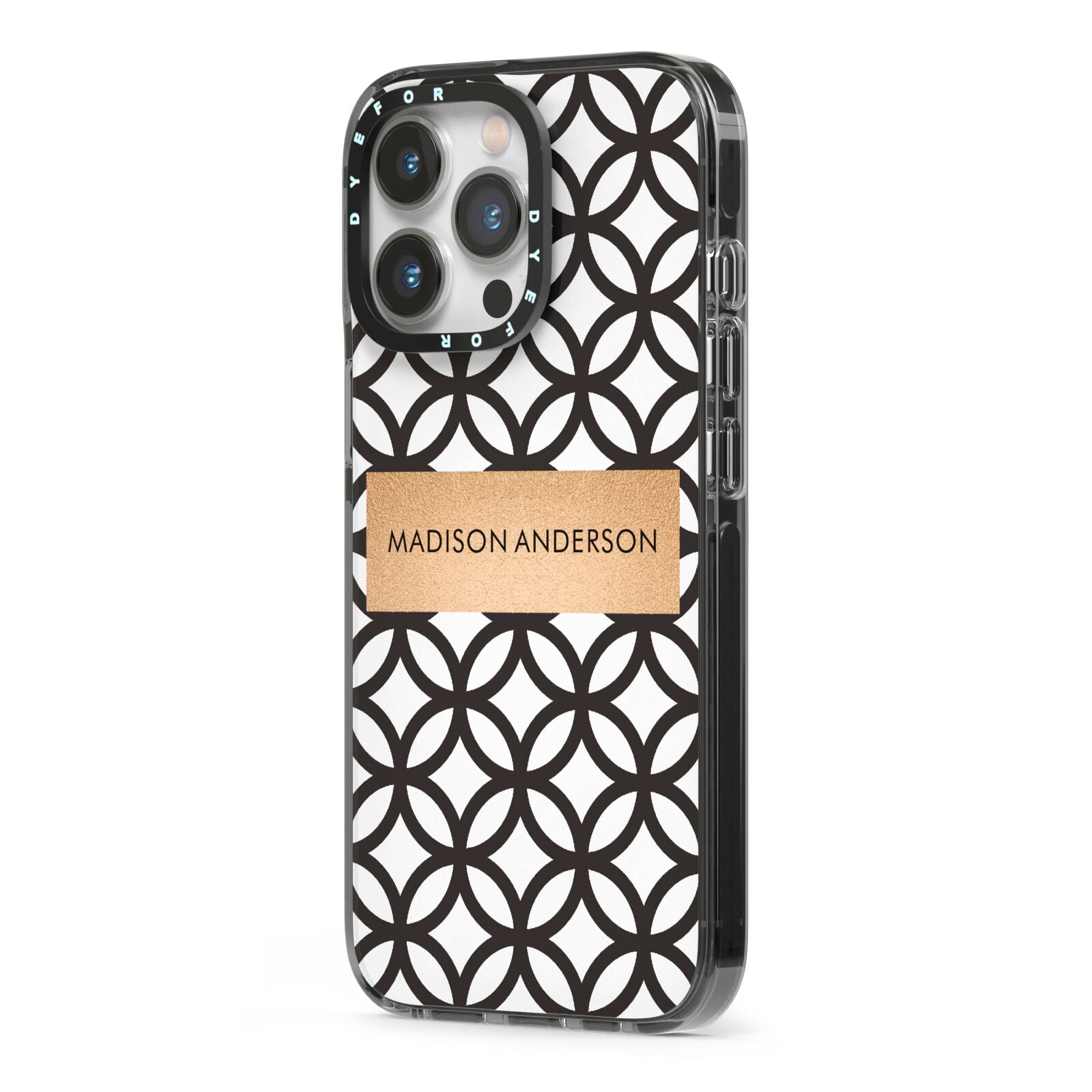 Personalised Geometric Name Or Initials Custom iPhone 13 Pro Black Impact Case Side Angle on Silver phone